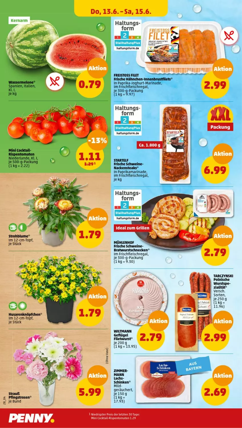 Aktueller Prospekt Penny - Prospekte - von 10.06 bis 15.06.2024 - strona 32 - produkty: blume, bratwurst, brustfilet, cocktail, eis, filet, filets, fleisch, Frische Hähnchen, Geflügel, joghur, joghurt, lachs, marinade, Nackensteak, nackensteaks, paprika, regal, reis, rispentomaten, schinken, schwein, schweine, steak, steaks, Strohblume, tomate, tomaten, topf, Vase, wein, weine, wiltmann, wurst, ZTE