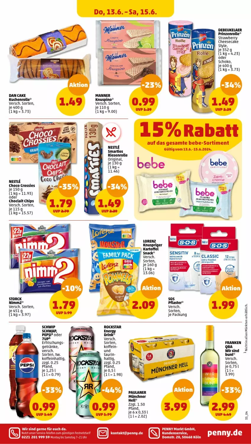 Aktueller Prospekt Penny - Prospekte - von 10.06 bis 15.06.2024 - strona 39 - produkty: 7UP, cheesecake, chips, choclait chips, choco crossies, crossies, debeukelaer, getränk, getränke, gin, kartoffel, kuchen, lorenz, Manner, nimm2, Paula, paulaner, pepsi, pflaster, prinzenrolle, Reinigung, reinigungstücher, Rockstar, schoko, smarties, snack, storck, Ti, tücher