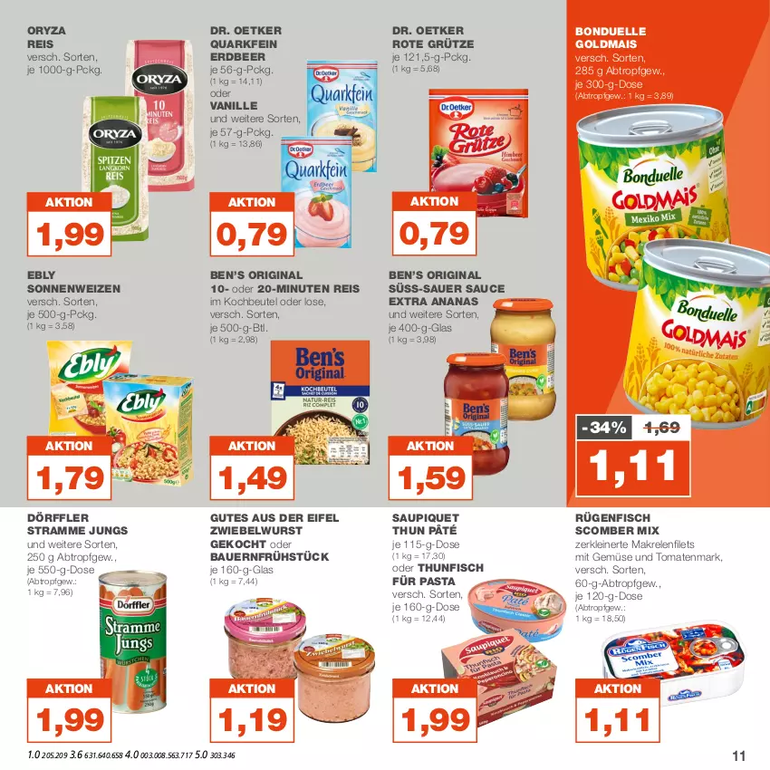 Aktueller Prospekt Real - von 05.06 bis 10.06.2023 - strona 11 - produkty: ananas, auer, Bau, Bauer, Ben’s Original, beutel, bonduelle, bonduelle goldmais, Dr. Oetker, eis, elle, filet, filets, fisch, gin, Goldmais, grütze, kochbeutel, leine, mais, Makrele, Makrelenfilets, mit gemüse, oryza, pasta, quark, reis, rel, Rote Grütze, rügenfisch, sauce, saupiquet, thunfisch, Ti, tomate, tomaten, tomatenmark, vanille, wurst, zwiebel