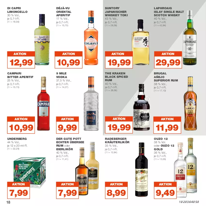 Aktueller Prospekt Real - von 05.06 bis 10.06.2023 - strona 18 - produkty: aperitif, Berger, campari, Cap, eier, eierlikör, islay single malt, kräuter, kräuterlikör, lack, laphroaig, likör, limo, ouzo, ouzo 12, radeberger, rum, scotch, scotch whisky, single malt, Ti, underberg, vodka, whiskey, whisky