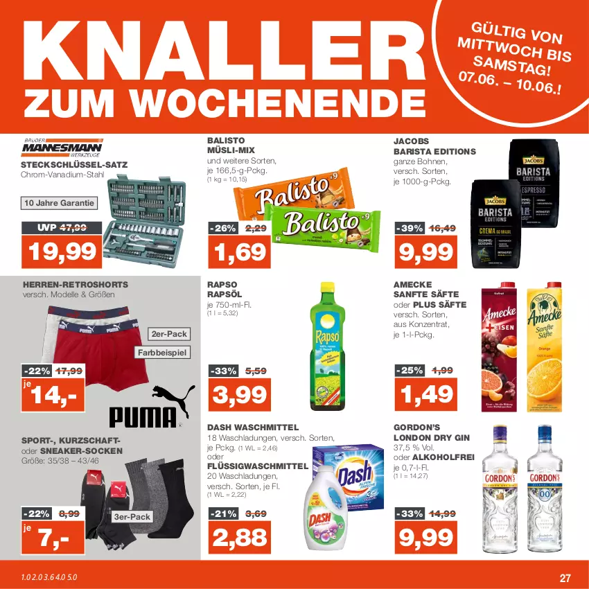 Aktueller Prospekt Real - von 05.06 bis 10.06.2023 - strona 27 - produkty: alkohol, amecke, balisto, bohne, bohnen, dell, dry gin, eis, elle, gin, gordon, Gordon’s, jacobs, london dry, london dry gin, Mode, müsli, rapso, rapsöl, retroshorts, säfte, shorts, sneaker, socken, Sport, Ti, waschmittel