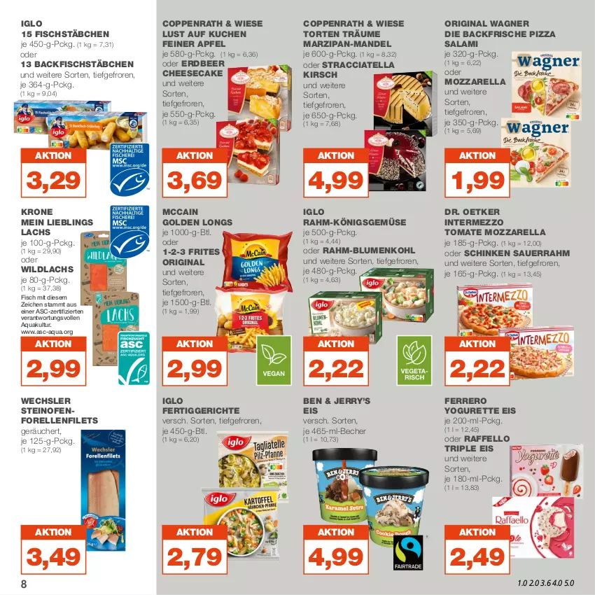 Aktueller Prospekt Real - von 05.06 bis 10.06.2023 - strona 8 - produkty: ACC, apfel, aqua, auer, backfisch, Becher, blume, blumen, blumenkohl, cheesecake, coppenrath, Dr. Oetker, eis, elle, ferrero, fertiggericht, fertiggerichte, filet, filets, fisch, fischstäbchen, forelle, gin, Golden Longs, iglo, intermezzo, kirsch, krone, kuchen, lachs, Lust auf Kuchen, mandel, marzipan, mccain, mozzarella, Ofen, original wagner, pizza, rel, salami, Sauerrahm, schinken, steinofen, Ti, tomate, torte, wagner, Wild, wildlachs, Yo, yogurette