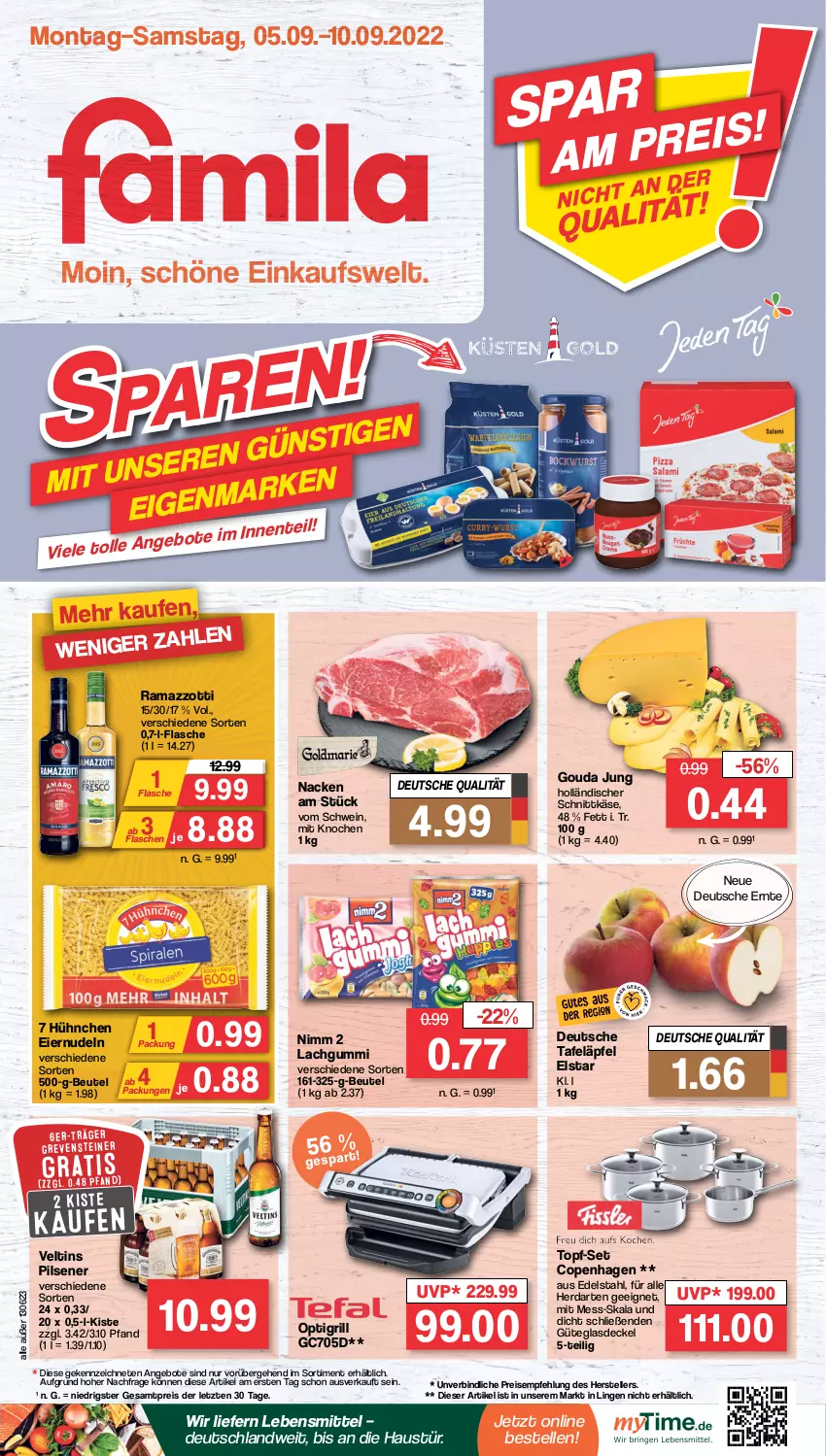 Aktueller Prospekt Famila - Prospekte - von 05.09 bis 10.09.2022 - strona 1 - produkty: angebot, angebote, aust, beutel, decke, Deckel, edelstahl, eier, eiernudeln, eis, elle, flasche, Glasdeckel, gouda, gouda jung, grill, herdarten, holländischer schnittkäse, Käse, lachgummi, lebensmittel, Nimm 2, nudel, nudeln, pils, pilsener, rama, ramazzott, ramazzotti, reis, schnittkäse, schwein, steiner, tafeläpfel, teller, Ti, topf, topf-set, veltins, veltins pilsener, wein, zott, ZTE