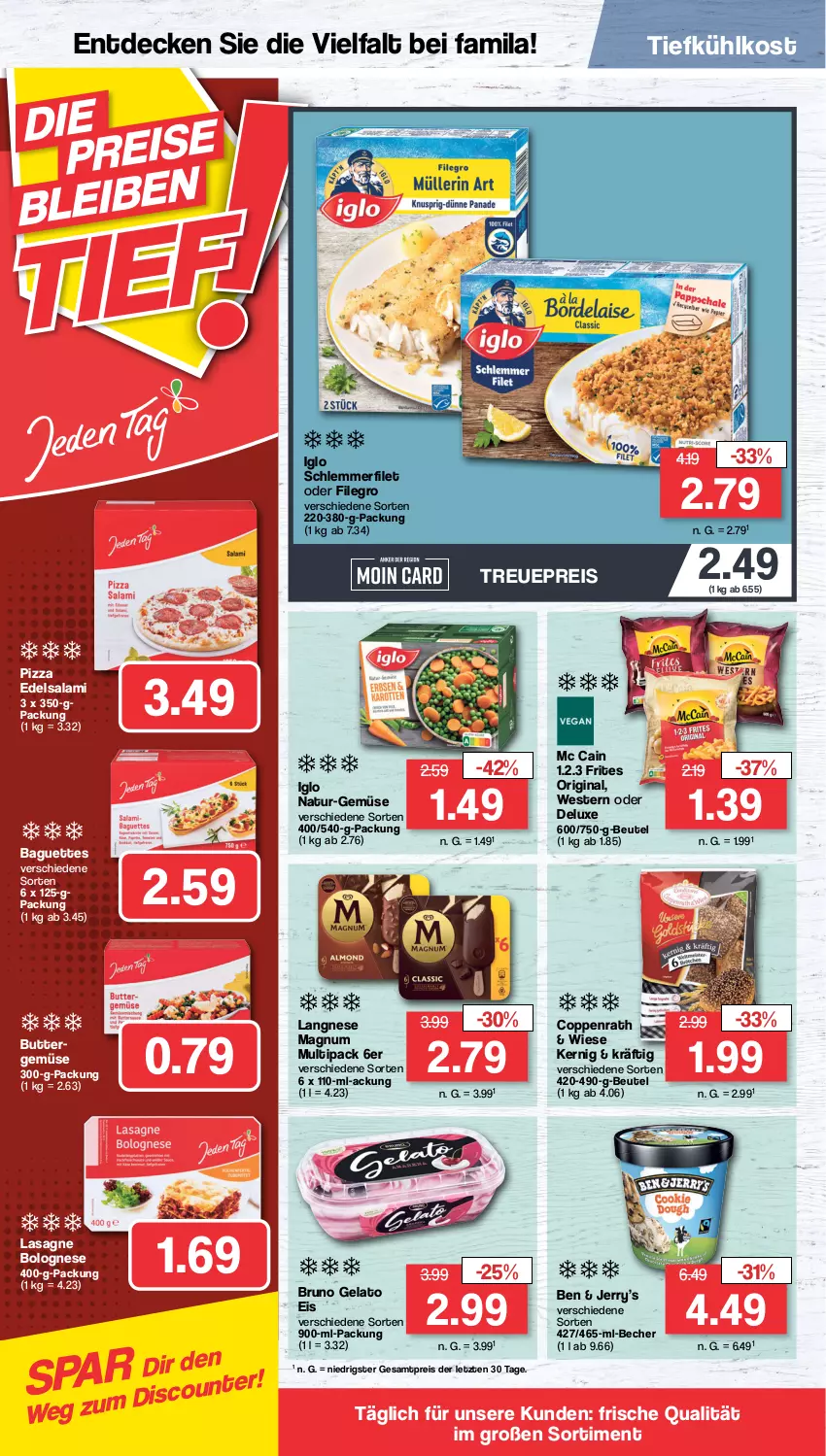 Aktueller Prospekt Famila - Prospekte - von 05.09 bis 10.09.2022 - strona 12 - produkty: baguette, baguettes, Becher, beutel, bolognese, bruno gelato, butter, coppenrath, decke, Edelsalami, eis, filegro, filet, gin, iglo, langnese, lasagne, magnum, mc cain, natur, pizza, reis, salami, schlemmerfilet, Ti, tiefkühlkost, Weste, ZTE