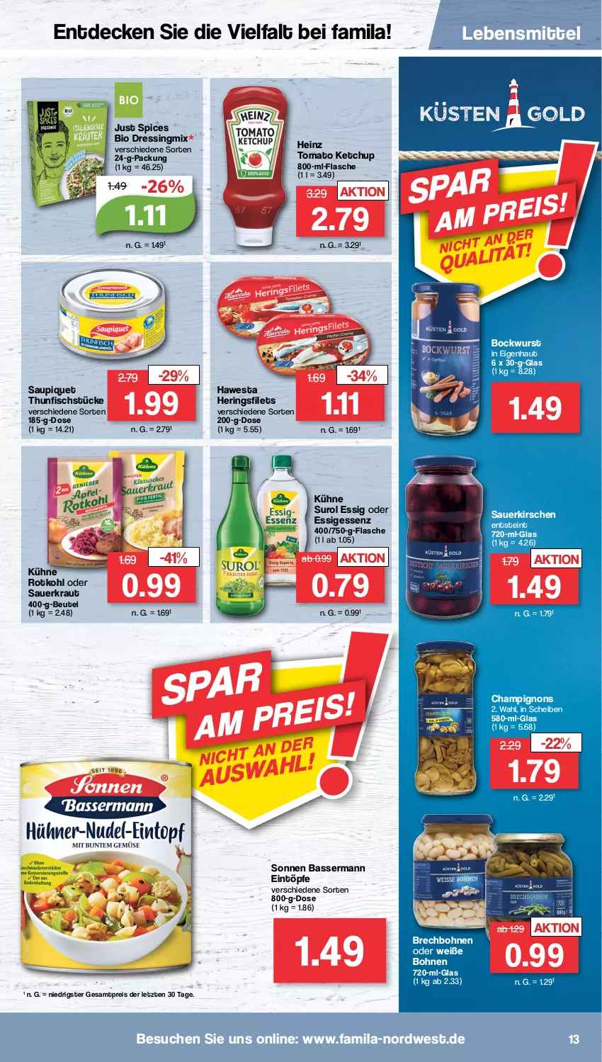 Aktueller Prospekt Famila - Prospekte - von 05.09 bis 10.09.2022 - strona 13 - produkty: auer, beutel, bio, bockwurst, bohne, bohnen, champignon, champignons, decke, dressing, eintöpfe, eis, essig, filet, filets, fisch, flasche, hawesta, heinz, hering, Herings, heringsfilets, ketchup, kirsch, kirsche, kirschen, Kraut, Kühne, lebensmittel, reis, ring, rotkohl, sauerkirschen, Sauerkraut, saupiquet, thunfisch, Ti, tomato ketchup, Weiße Bohnen, wurst, ZTE