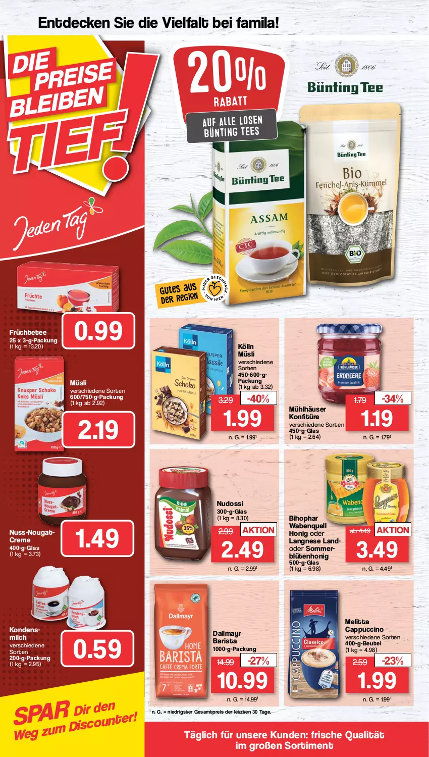 Aktueller Prospekt Famila - Prospekte - von 05.09 bis 10.09.2022 - strona 14 - produkty: beutel, bihophar, Blüte, blütenhonig, bünting tee, Cap, cappuccino, cin, creme, dallmayr, decke, eis, früchte, Früchtetee, honig, kölln, kondensmilch, konfitüre, langnese, melitta, milch, mühlhäuser, müsli, Nougatcreme, Nudossi, nuss, reis, tee, Ti, ZTE