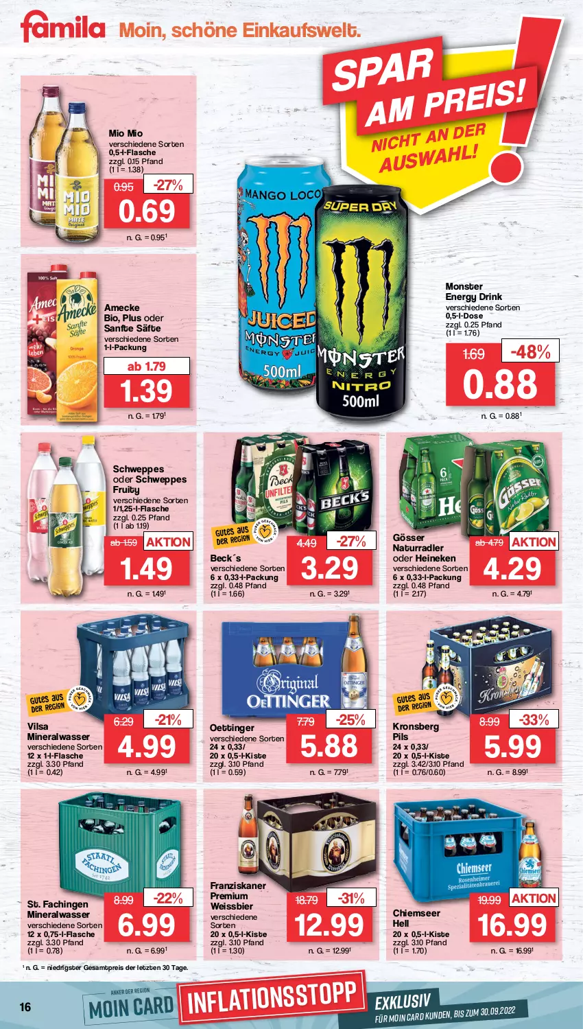 Aktueller Prospekt Famila - Prospekte - von 05.09 bis 10.09.2022 - strona 16 - produkty: Alwa, amecke, bier, bio, drink, eis, energy drink, flasche, franziskaner, gösser, heineken, mineralwasser, Mio Mio, monster, Monster Energy, natur, oettinger, pils, radler, reis, säfte, schweppes, Ti, vilsa, wasser, weissbier, ZTE