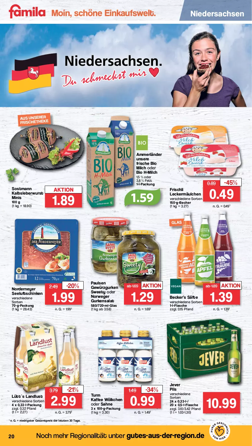 Aktueller Prospekt Famila - Prospekte - von 05.09 bis 10.09.2022 - strona 20 - produkty: ammerländer, Becher, bio, eis, flasche, frischli, gewürz, Gewürzgurke, gewürzgurken, gurke, gurken, gurkensalat, jever, kaffee, Kalbsleber, Kalbsleberwurst, leberwurst, leckermäulchen, merl, milch, pils, reis, rwe, sac, säfte, sahne, salat, schinken, Seeluftschinken, Ti, wurst, ZTE