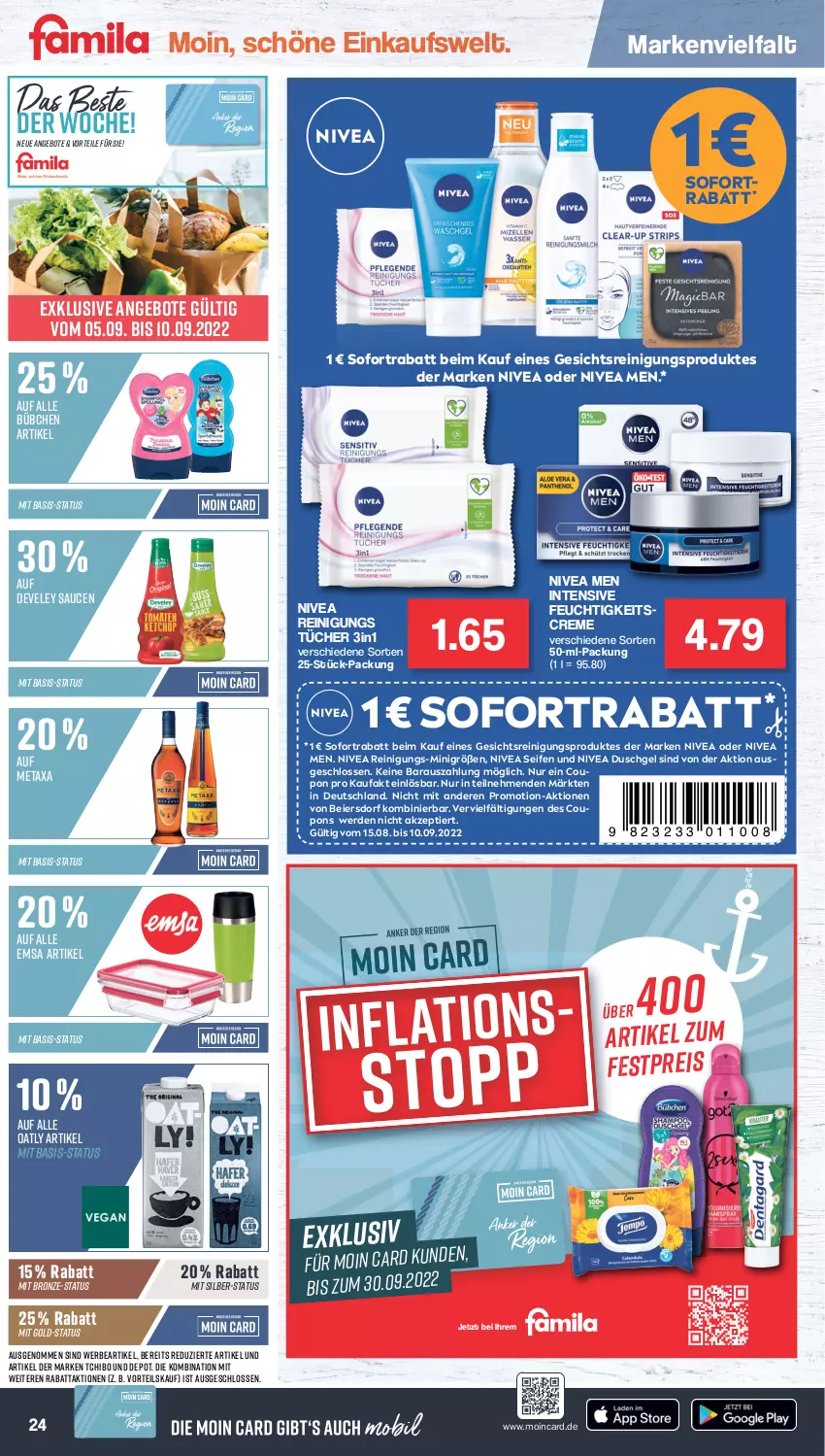 Aktueller Prospekt Famila - Prospekte - von 05.09 bis 10.09.2022 - strona 24 - produkty: angebot, angebote, bübchen, coupon, creme, develey, duschgel, eier, eis, emsa, erde, feuchtigkeitscreme, Metaxa, nivea, Nivea Men, Reinigung, reis, sauce, saucen, Seife, sofortrabatt, Tchibo, Ti, tücher