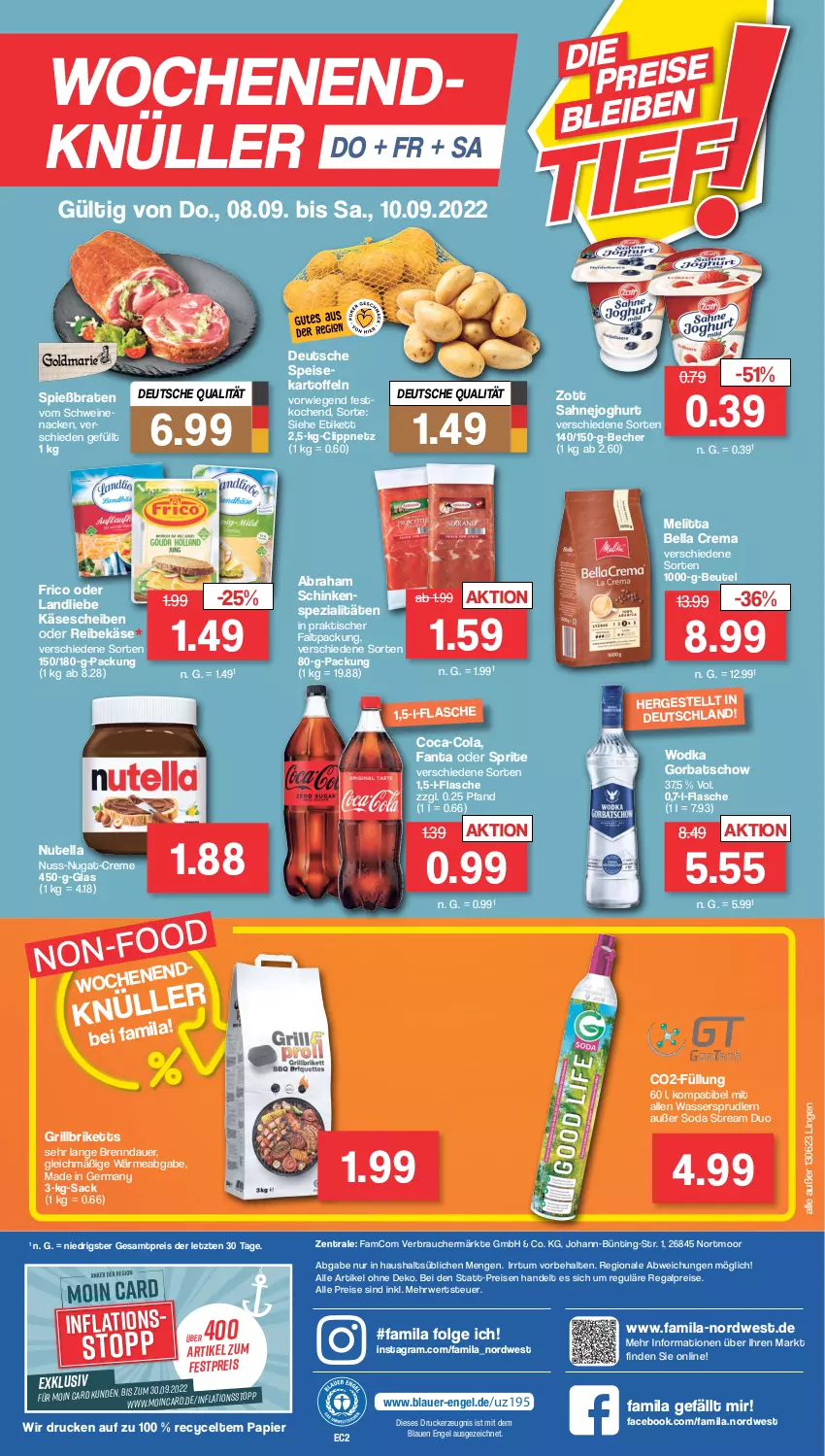 Aktueller Prospekt Famila - Prospekte - von 05.09 bis 10.09.2022 - strona 32 - produkty: auer, Becher, bella crema, beutel, braten, briketts, coca-cola, cola, creme, drucker, eis, Engel, fanta, fanta oder, fanta oder sprite, flasche, frico, Germ, Gorbatschow, grill, grillbriketts, joghur, joghurt, kartoffel, kartoffeln, Käse, käsescheiben, kerze, landliebe, LG, melitta, ndk, nuss, nuss-nugat-creme, nutella, oder sprite, papier, Rauch, regal, Reibekäse, reis, rwe, sac, sahne, Sahnejoghurt, schinken, schwein, schweine, Soda, Spezi, sprite, Ti, tisch, wasser, wassersprudler, wein, weine, wodka, zott, ZTE