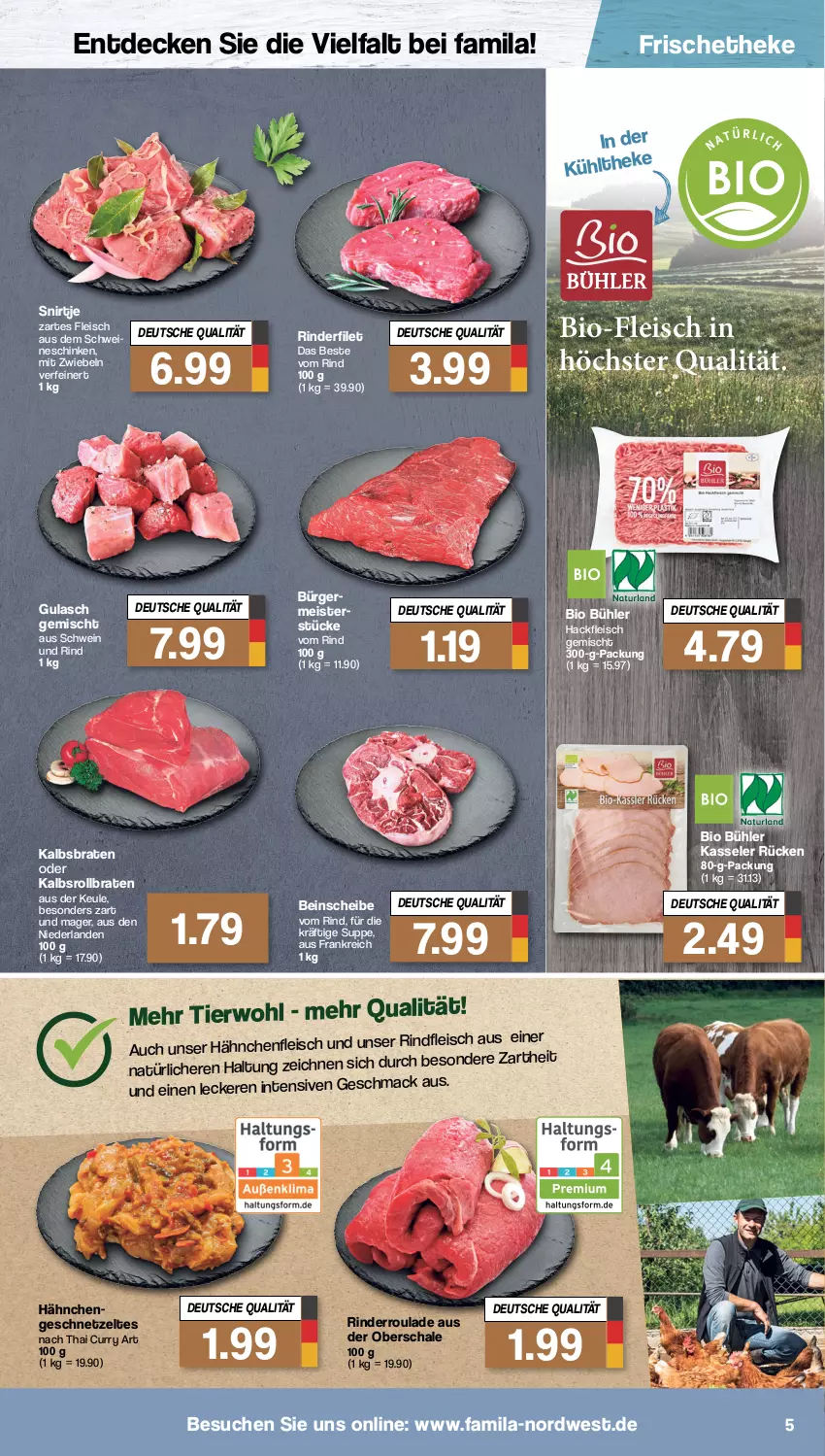 Aktueller Prospekt Famila - Prospekte - von 05.09 bis 10.09.2022 - strona 5 - produkty: bio, braten, curry, decke, eis, filet, fleisch, geschnetzeltes, gulasch, hackfleisch, hackfleisch gemischt, Hähnchenfleisch, kasseler, Meister, mit zwiebeln, rind, rinder, rinderfilet, Rinderroulade, rindfleisch, rollbraten, Schal, Schale, schinken, schwein, schwein und rind, schweine, suppe, Ti, wein, weine, Zelt, zwiebel, zwiebeln