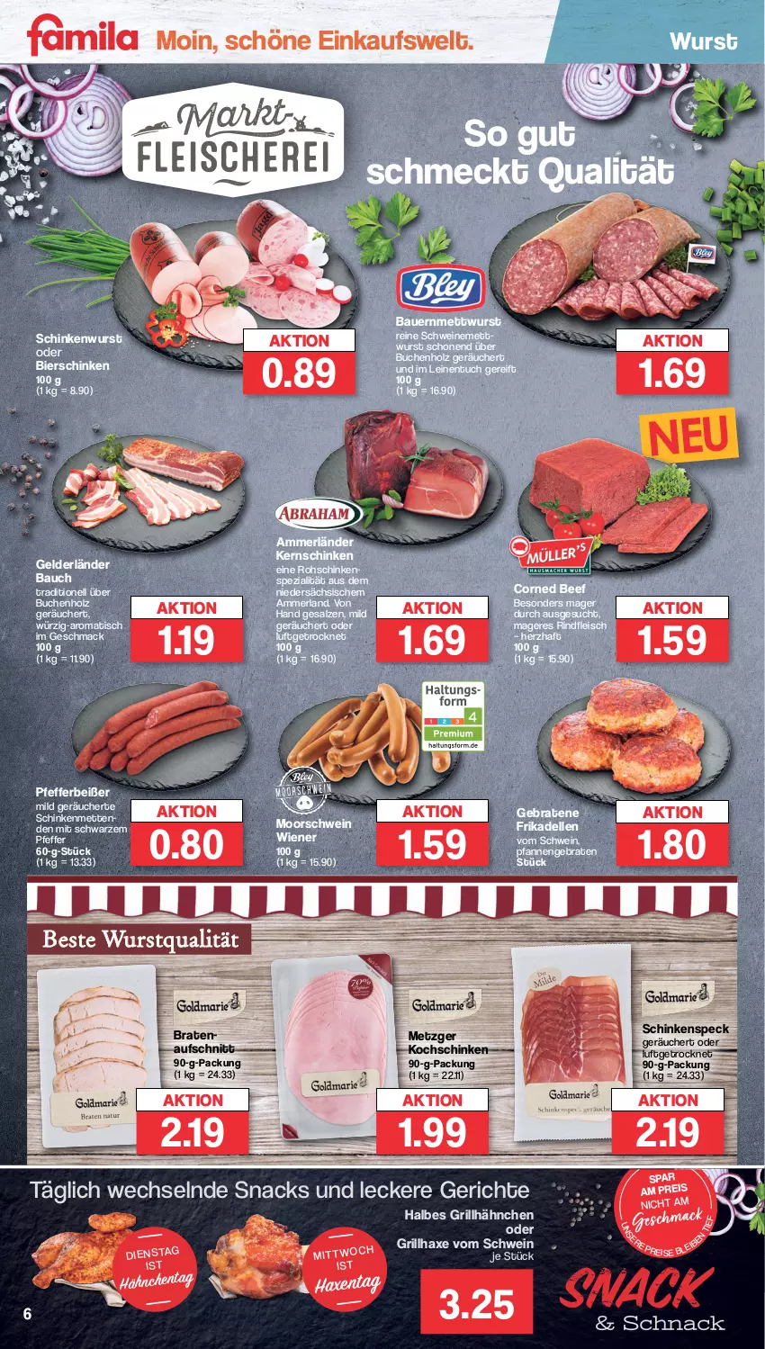 Aktueller Prospekt Famila - Prospekte - von 05.09 bis 10.09.2022 - strona 6 - produkty: ammerländer, auer, aufschnitt, axe, Bau, Bauer, beef, bier, bierschinken, braten, buch, corned beef, dell, eis, elle, fleisch, frikadellen, grill, grillhähnchen, grillhaxe, Haxe, Holz, kernschinken, kochschinken, leine, mac, merl, Mett, metten, Mettenden, mettwurst, pfanne, pfannen, pfeffer, Pfefferbeißer, reis, rind, rindfleisch, rohschinken, salz, schinken, schinkenspeck, schinkenwurst, schwein, schweine, schweinemett, snack, snacks, Speck, Spezi, Ti, tisch, tuc, wein, weine, wiener, wurst