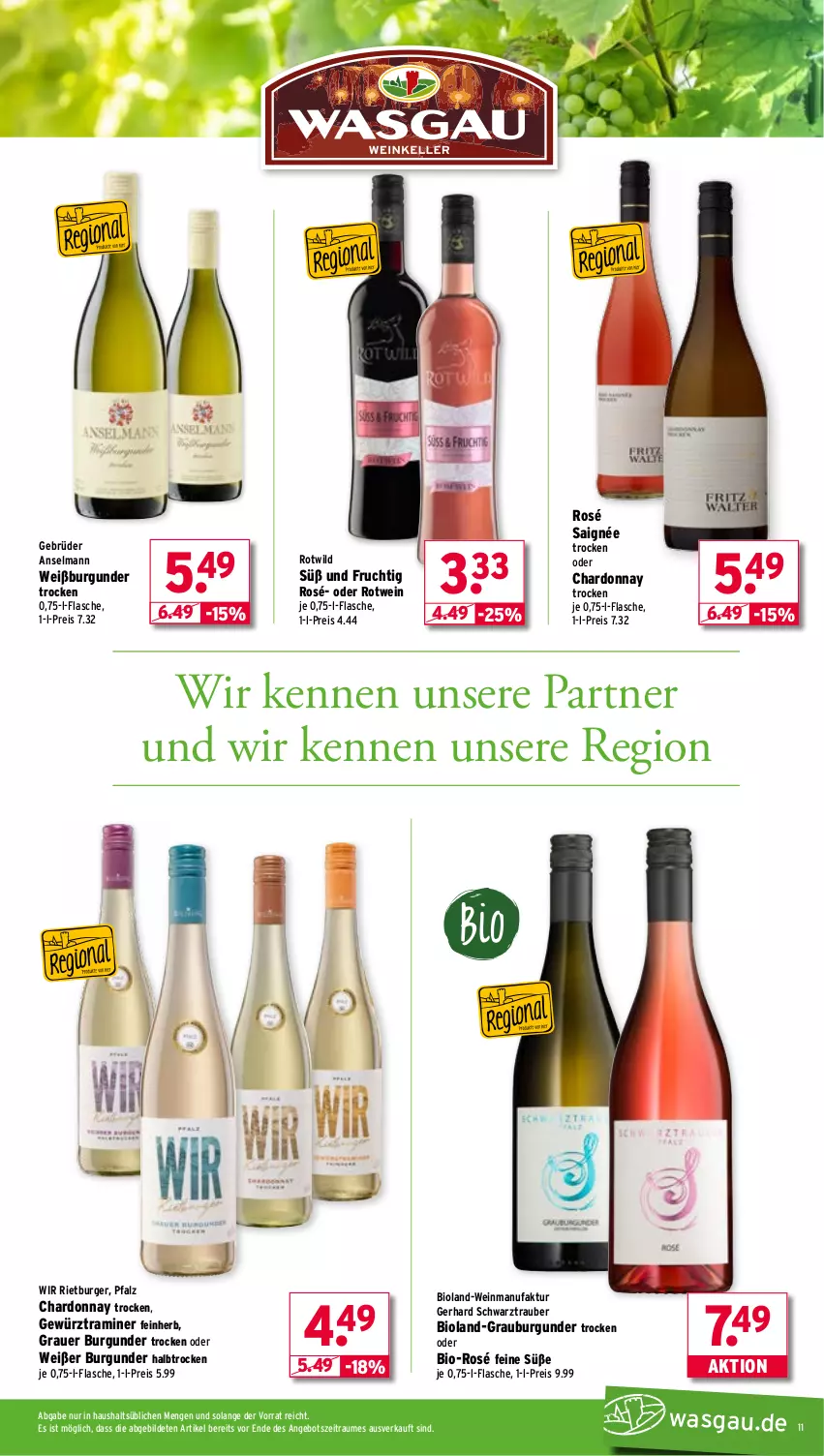 Aktueller Prospekt Wasgau - von 01.09 bis 06.09.2025 - strona 11 - produkty: angebot, auer, bio, bioland, burger, burgunder, chardonnay, eis, Faktu, flasche, frucht, gewürz, grauburgunder, grauer burgunder, reis, rotwein, Ti, wein, Weißburgunder, Wild