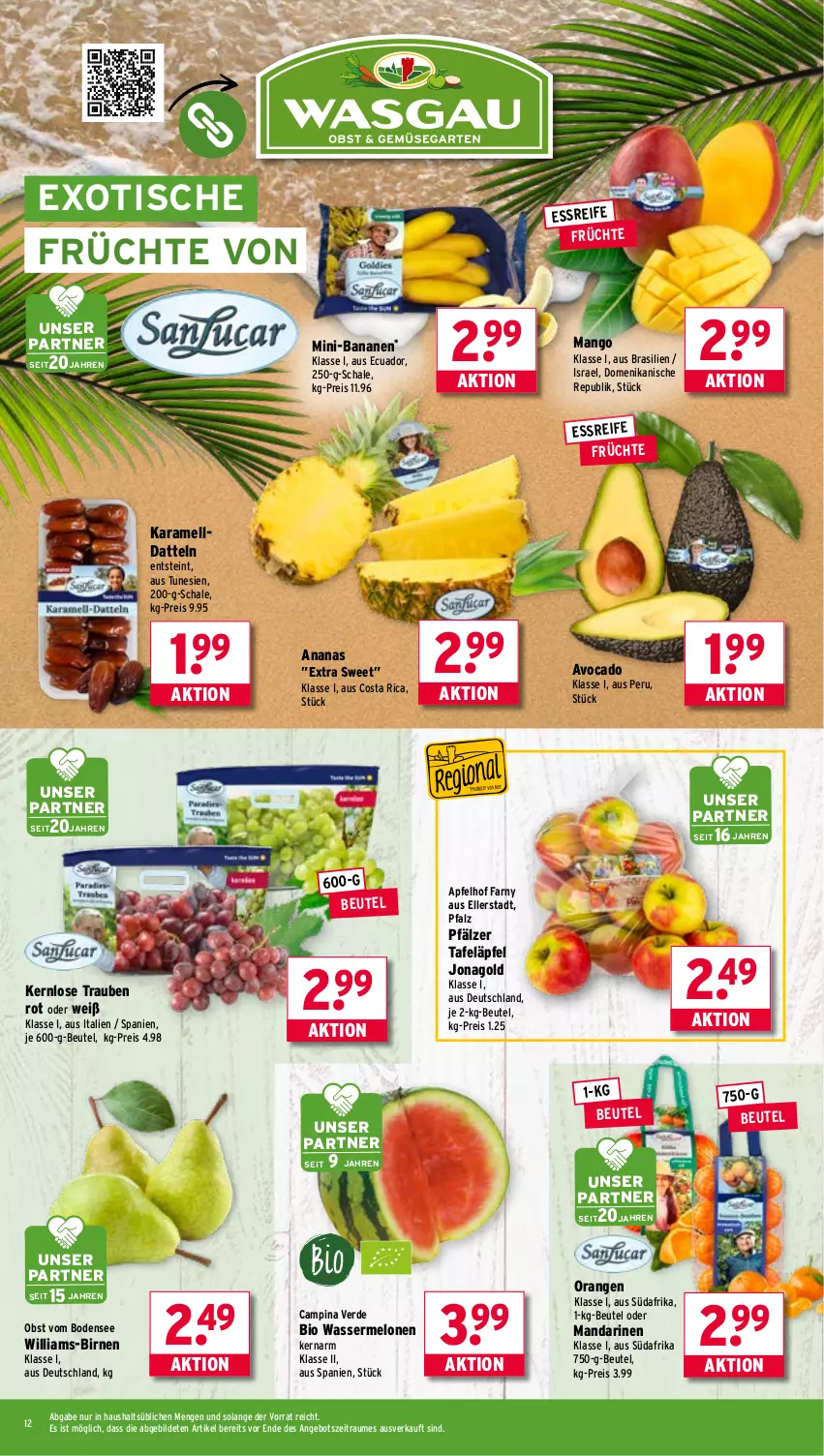 Aktueller Prospekt Wasgau - von 01.09 bis 06.09.2025 - strona 12 - produkty: ananas, angebot, apfel, avocado, banane, bananen, beutel, bio, Birnen, Datteln, eis, elle, erde, früchte, karamell, mandarine, mandarinen, mango, melone, melonen, obst, orange, orangen, reis, Schal, Schale, tafeläpfel, Ti, tisch, trauben, wasser, wassermelone, wassermelonen