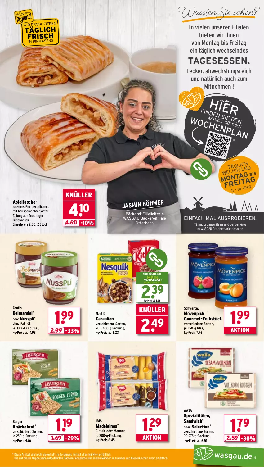 Aktueller Prospekt Wasgau - von 01.09 bis 06.09.2025 - strona 15 - produkty: angebot, angebote, apfel, Apfeltasche, auer, Belmandel, bier, Biere, brot, burger, cerealien, eis, frucht, je 250-g-packung, knäckebrot, leine, mac, mandel, mövenpick, nestlé, nuss, nusspli, ohne palmöl, Plunder, reis, sandwich, Schwartau, Spezi, Tasche, Ti, wasa, zentis
