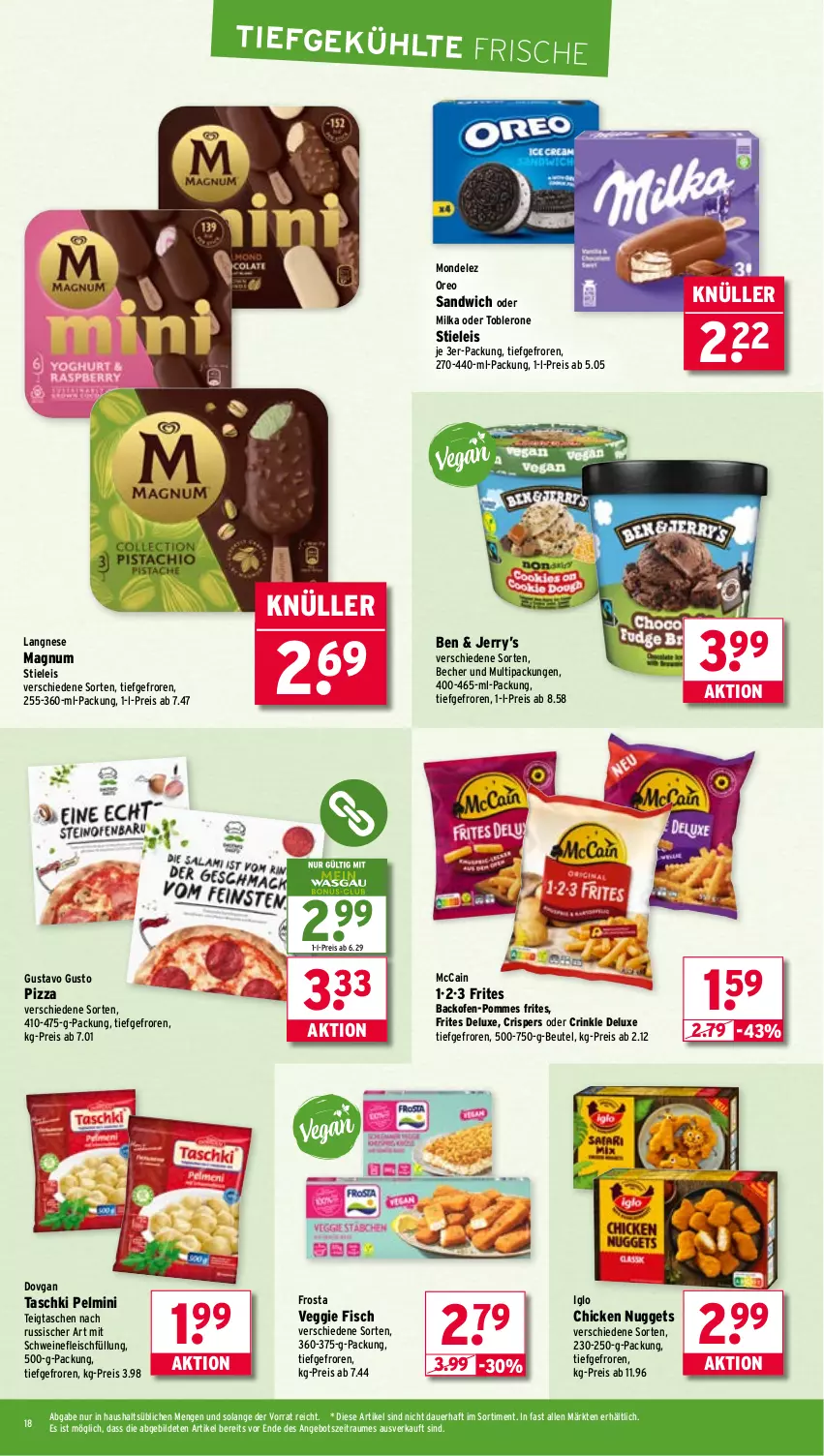 Aktueller Prospekt Wasgau - von 01.09 bis 06.09.2025 - strona 18 - produkty: angebot, auer, backofen, Becher, beutel, chicken nuggets, dovgan, eis, fisch, fleisch, frosta, iglo, langnese, magnum, mccain, milka, mondelez, nuggets, Ofen, oreo, pizza, pommes, Pommes Frites, reis, sandwich, schwein, schweine, schweinefleisch, stieleis, Tasche, taschen, taschki, Ti, toblerone, veggie, wein, weine