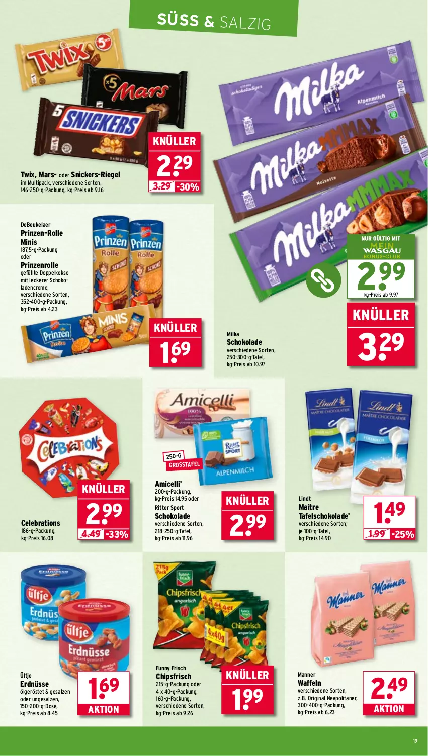 Aktueller Prospekt Wasgau - von 01.09 bis 06.09.2025 - strona 19 - produkty: amicelli, chips, chipsfrisch, creme, debeukelaer, Doppelkekse, eis, erdnüsse, Funny Frisch, gin, keks, kekse, LG, lindt, Manner, mars, milka, milka schokolade, prinzenrolle, reis, riegel, ritter, ritter sport, salz, schoko, schokolade, schokoladen, snickers, Sport, tafelschokolade, Ti, twix, ültje, ültje erdnüsse, waffeln