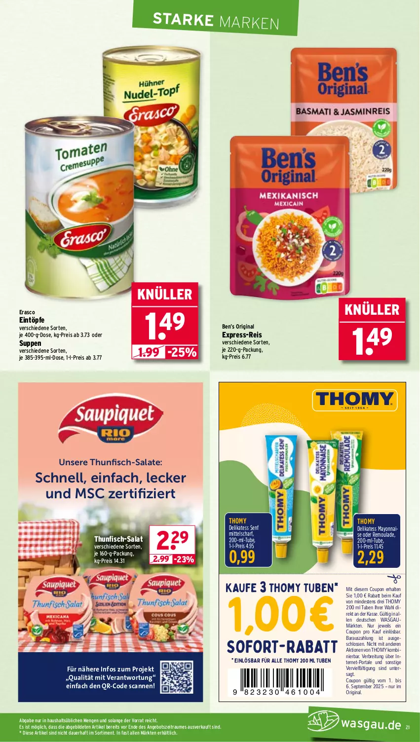 Aktueller Prospekt Wasgau - von 01.09 bis 06.09.2025 - strona 21 - produkty: angebot, auer, Ben’s Original, Brei, coupon, delikatess senf, eintöpfe, eis, erasco, express-reis, fisch, gin, mayonnaise, reis, remoulade, salat, salate, senf, sofort-rabatt, suppe, suppen, thomy, thunfisch, Ti, Yo