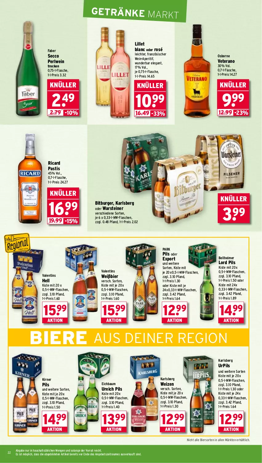 Aktueller Prospekt Wasgau - von 01.09 bis 06.09.2025 - strona 22 - produkty: angebot, aperitif, asti, Bau, bier, Biere, bitburger, burger, ecco, eimer, eis, flasche, getränk, getränke, karlsberg, lillet, mw-flasche, osborne, pils, reis, steiner, Ti, veterano, warsteiner, wein