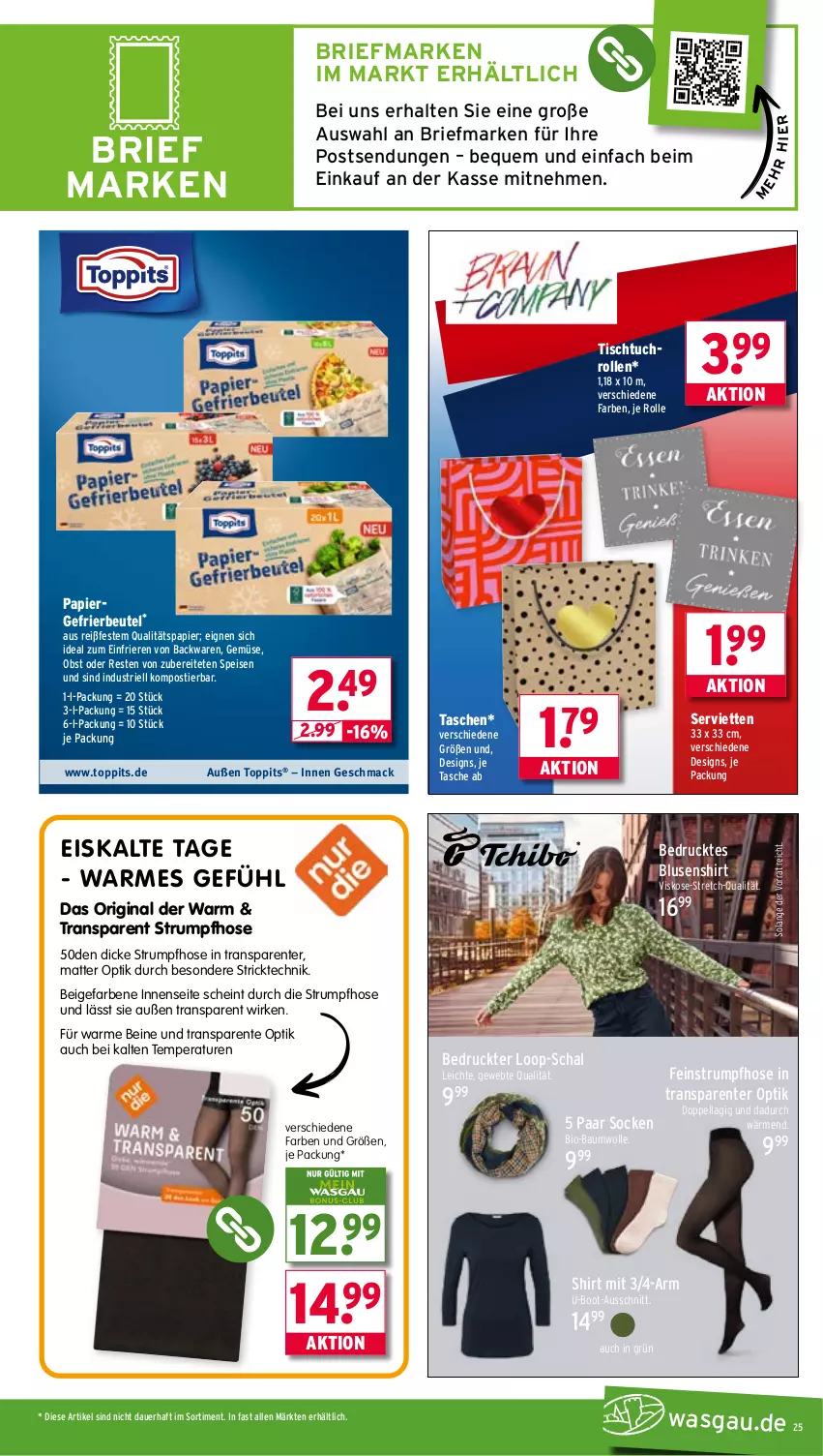 Aktueller Prospekt Wasgau - von 01.09 bis 06.09.2025 - strona 25 - produkty: auer, backwaren, Bau, baumwolle, beutel, bio, bio-baumwolle, bluse, brie, eis, ente, gefrierbeutel, gin, hose, mac, obst, papier, rum, Schal, Serviette, servietten, shirt, socken, Stier, Strumpfhose, Tasche, taschen, Ti, tisch, toppits, tuc, wolle