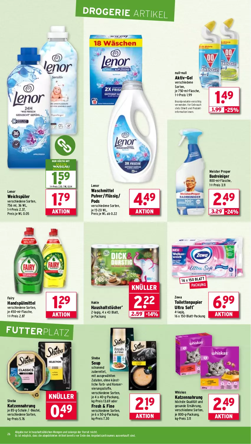Aktueller Prospekt Wasgau - von 01.09 bis 06.09.2025 - strona 26 - produkty: angebot, Bad, beutel, bio, biozidprodukte, eis, fairy, flasche, hakle, haushaltstücher, katzennahrung, lenor, lenor waschmittel, lenor weichspüler, Meister, meister proper, papier, Pods, Rauch, reiniger, reis, rwe, Schal, Schale, sheba, spülmittel, Ti, toilettenpapier, tücher, waschmittel, weichspüler, whiskas, zewa