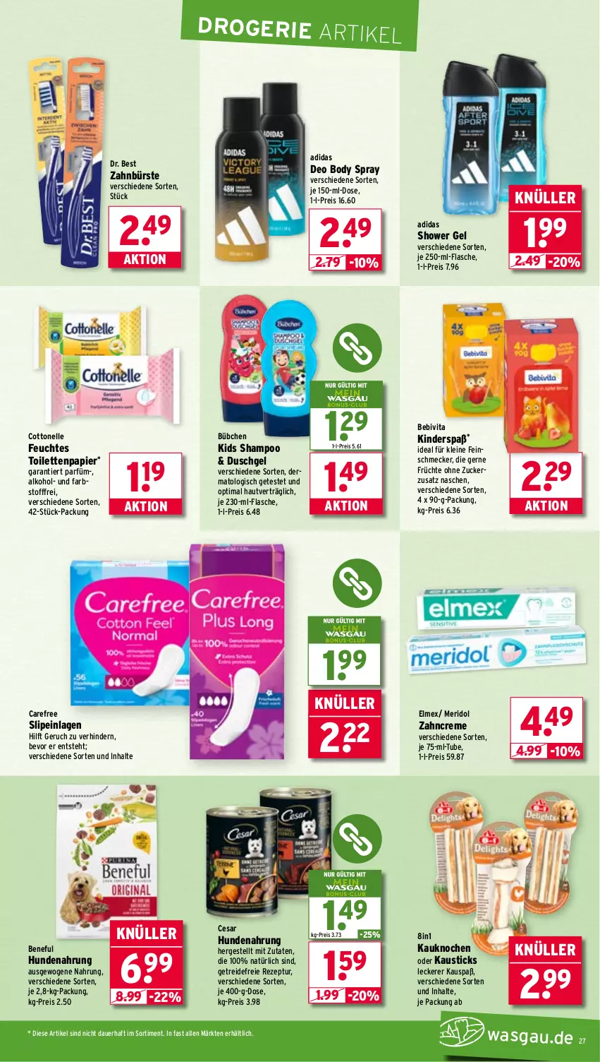 Aktueller Prospekt Wasgau - von 01.09 bis 06.09.2025 - strona 27 - produkty: Adidas, alkohol, auer, aust, bebivita, body, bübchen, bürste, carefree, cottonelle, creme, deo, Dr. Best, duschgel, eis, elle, elmex, feinschmecker, feuchtes toilettenpapier, flasche, früchte, hundenahrung, Kinder, leine, meridol, papier, reis, rezept, shampoo, slip, slipeinlagen, Ti, toilettenpapier, vita, zahnbürste, zahncreme, zucker