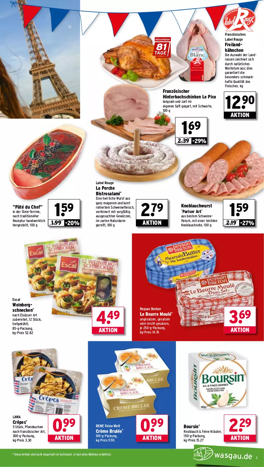 Aktueller Prospekt Wasgau - von 01.09 bis 06.09.2025 - strona 3 - produkty: auer, Boursin, eis, elle, elsässer art, escal, fleisch, gewürz, hinterkochschinken, je 250-g-packung, knoblauch, kochschinken, kräuter, kuchen, mac, natur, Pfannkuchen, reis, rewe feine welt, rezept, rouge, saft, salami, salz, schinken, schwein, schweine, schweinefleisch, terrine, Ti, trolli, wein, weine, wurst