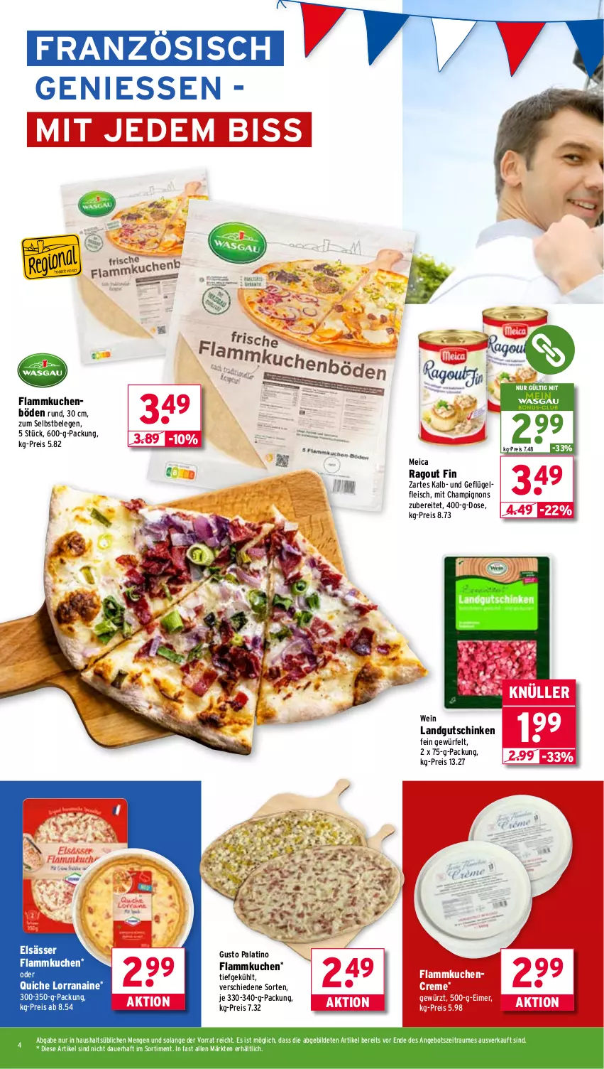 Aktueller Prospekt Wasgau - von 01.09 bis 06.09.2025 - strona 4 - produkty: angebot, auer, champignon, champignons, creme, eimer, eis, flammkuchen, fleisch, Geflügel, gewürz, kuchen, lamm, landgut, meica, Quiche, Ragout, Rana, reis, schinken, Ti, wein, würfel