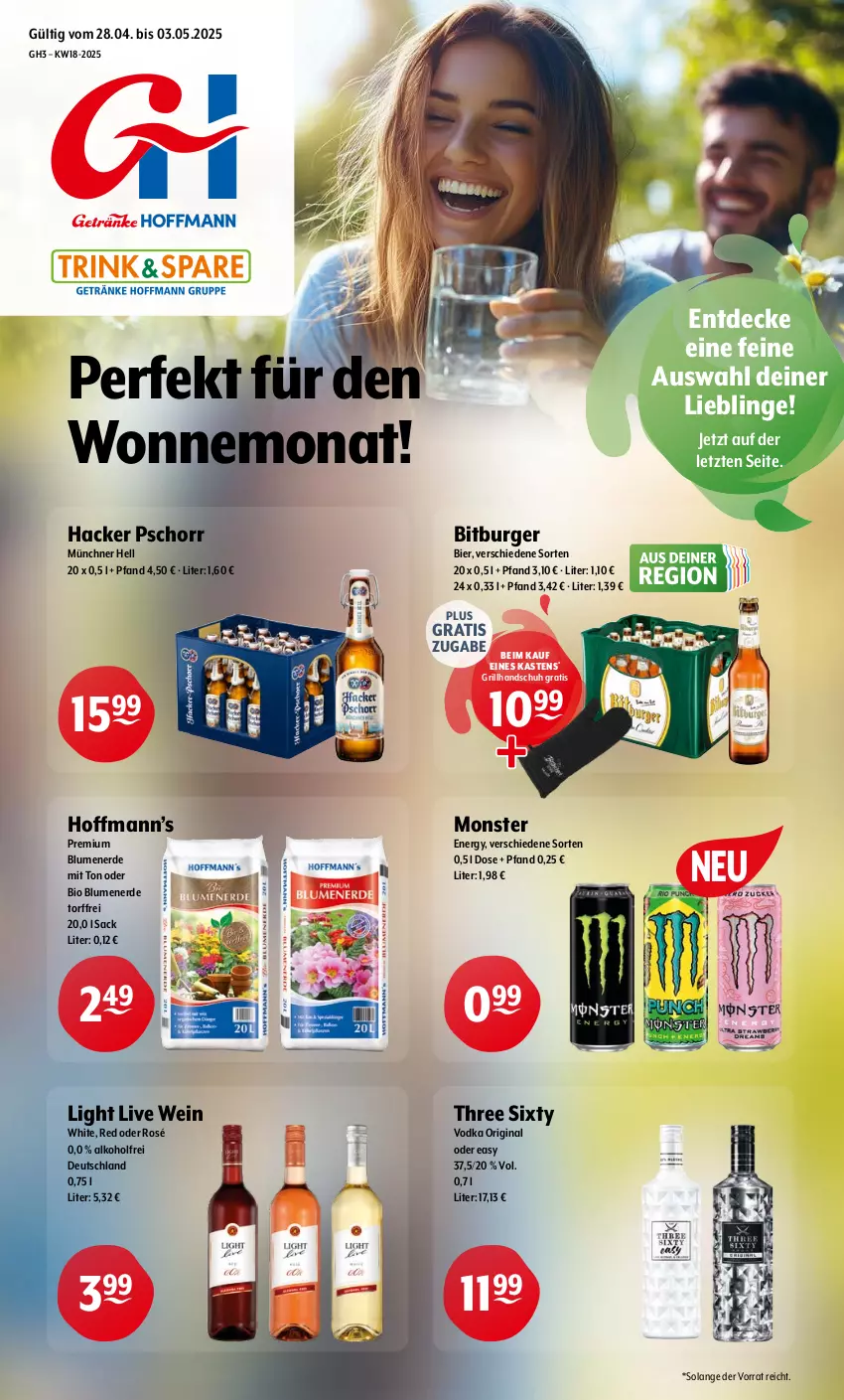 Aktueller Prospekt Getraenke Hoffmann - Prospekte - von 28.04 bis 03.05.2025 - strona 1 - produkty: alkohol, bier, bio, bitburger, blume, blumen, blumenerde, burger, decke, erde, gin, grill, hacker pschorr, monster, sac, Three Sixty, Ti, vodka, wein, ZTE