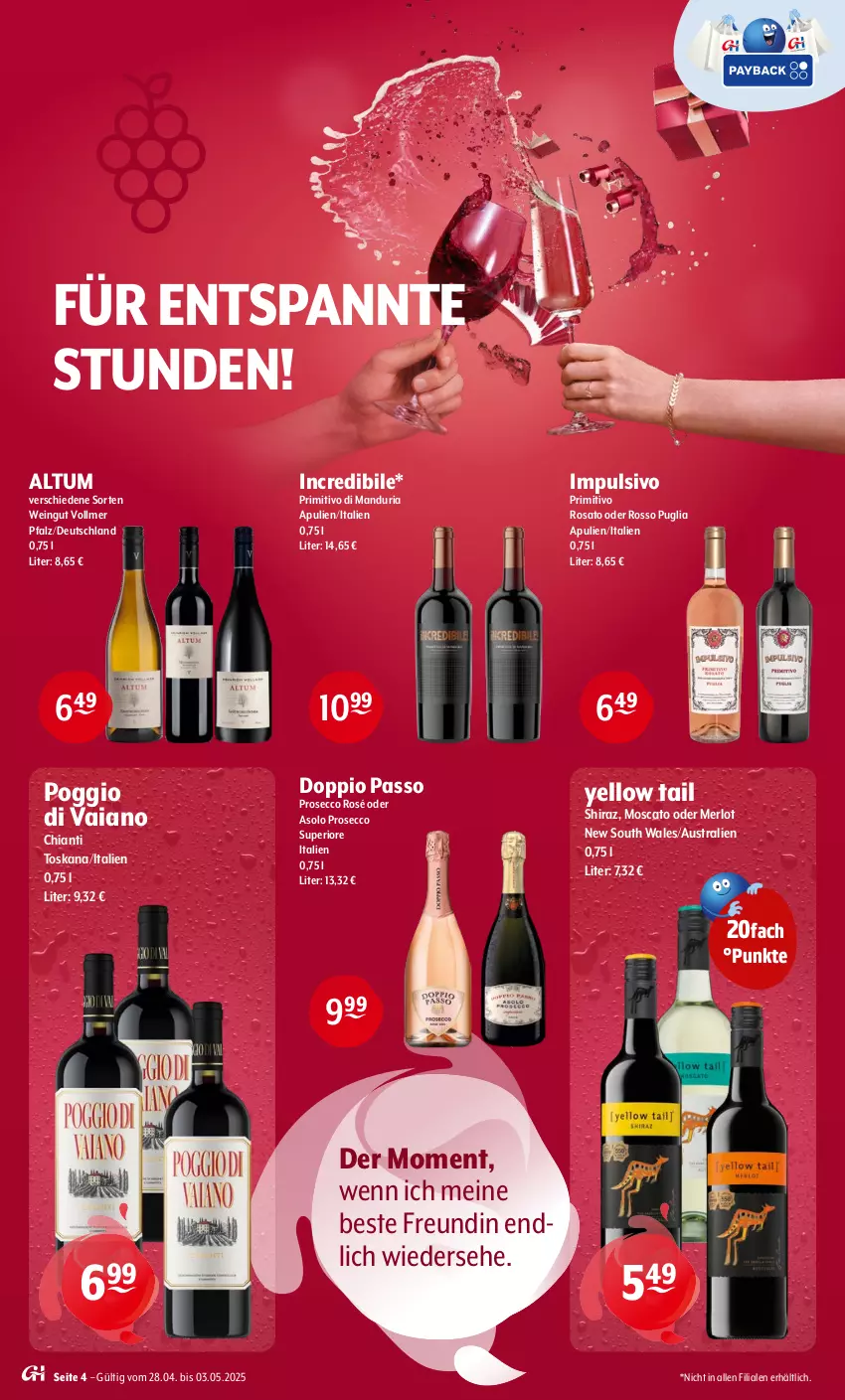 Aktueller Prospekt Getraenke Hoffmann - Prospekte - von 28.04 bis 03.05.2025 - strona 4 - produkty: aust, chia, chianti, doppio passo, ecco, merl, merlot, passo, primitivo, prosecco, Ria, rosato, Ti, wein, yellow tail