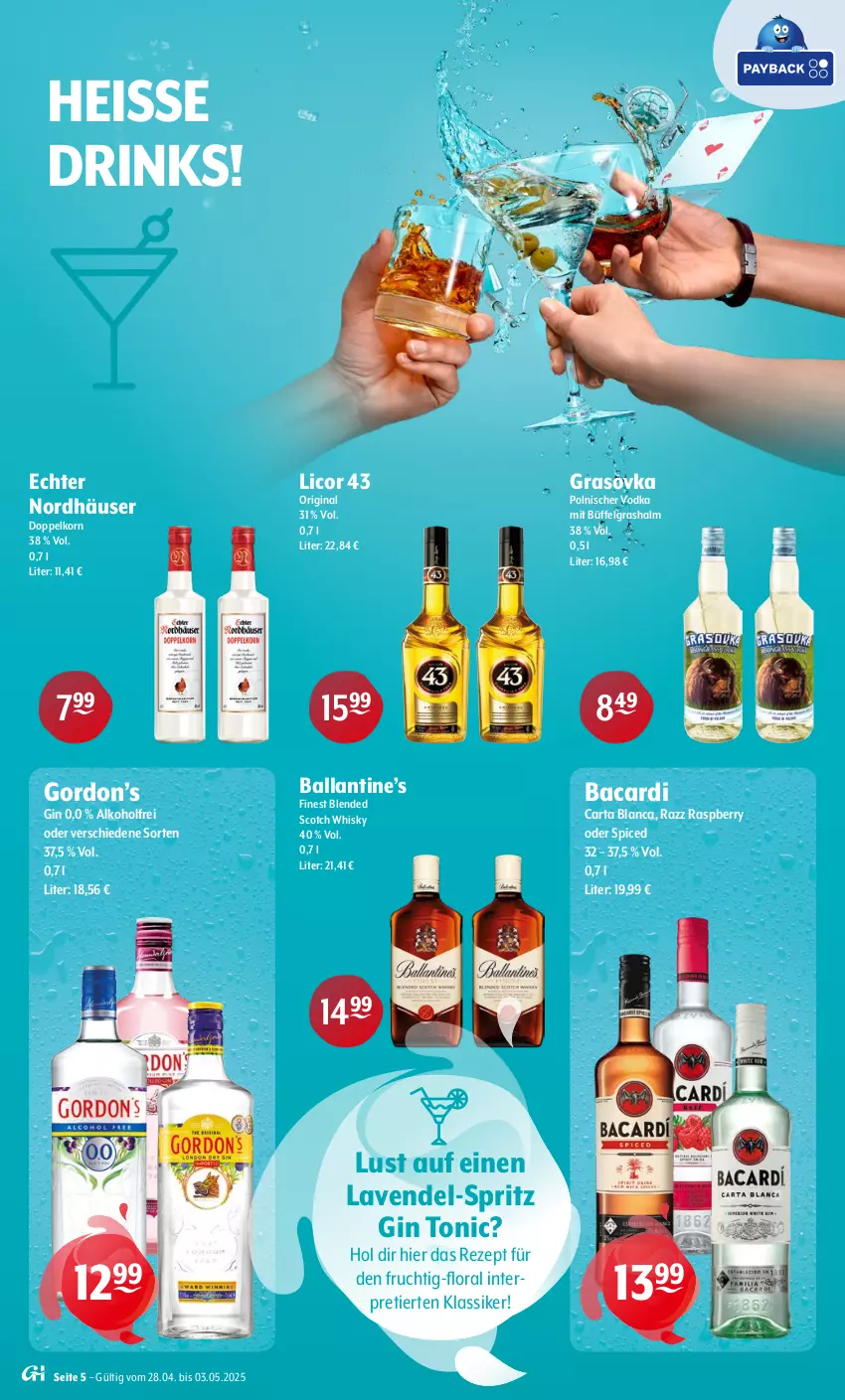 Aktueller Prospekt Getraenke Hoffmann - Prospekte - von 28.04 bis 03.05.2025 - strona 5 - produkty: alkohol, bacardi, ball, blended scotch, blended scotch whisky, doppelkorn, drink, drinks, eis, frucht, gin, gordon, Gordon’s, korn, lavendel, LG, licor, licor 43, raspberry, rezept, scotch, scotch whisky, Ti, tonic, vodka, whisky