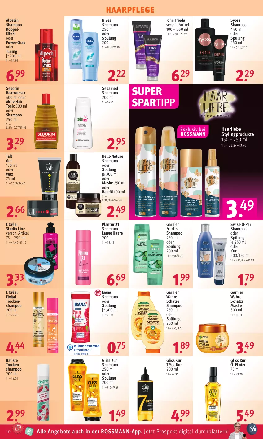 Aktueller Prospekt Rossmann - Prospekte - von 21.11 bis 25.11.2022 - strona 10 - produkty: alpecin, angebot, angebote, cin, elvital, fructis, garnier, gliss, gliss kur, haarpflege, Hair Tonic, Hello Nature, isana, Maske, natur, nivea, sana, sebamed, shampoo, shampoo 250 ml, shampoo oder spülung, spartipp, spülung, spülung 200 ml, Swiss-o-Par, syoss, Taft, Ti, tonic, Trockenshampoo, vita, Wahre Schätze, wasser, Yo