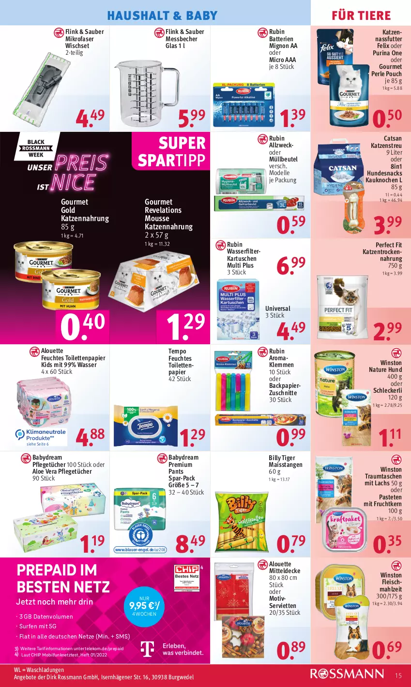 Aktueller Prospekt Rossmann - Prospekte - von 21.11 bis 25.11.2022 - strona 15 - produkty: aloe vera, alouette, angebot, angebote, auer, babydream, batterie, batterien, Becher, beutel, catsan, decke, dell, eis, elle, Engel, felix, feuchtes toilettenpapier, filterkartuschen, fleisch, frucht, gourmet gold, hundesnack, hundesnacks, katzennahrung, Katzenstreu, lachs, mais, Messbecher, mikrofaser, mit frucht, mitteldecke, Mode, mousse, müllbeutel, nassfutter, natur, Pants, papier, pastete, Perfect Fit, purina, Rubin, Serviette, servietten, snack, snacks, spartipp, Surf, Tasche, taschen, Tempo, Ti, Tiere, toilettenpapier, Trockennahrung, tücher, wasser, wasserfilter, weck, wedel, ZTE