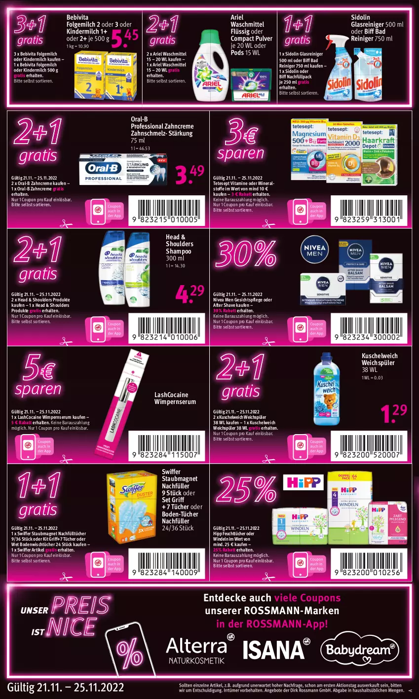 Aktueller Prospekt Rossmann - Prospekte - von 21.11 bis 25.11.2022 - strona 16 - produkty: after shave, angebot, angebote, ariel, ariel waschmittel, Bad, bebivita, biff, coupon, coupons, creme, decke, feuchttücher, folgemilch, gesichtspflege, Glasreiniger, hipp, Kinder, kindermilch, Kuschelweich, LG, milch, nivea, Nivea Men, oral-b, Pods, reiniger, rum, Serum, shampoo, sidolin, staubmagnet, swiffer, Ti, Tiere, tücher, vita, Vitamine, waschmittel, weichspüler, windeln, zahncreme