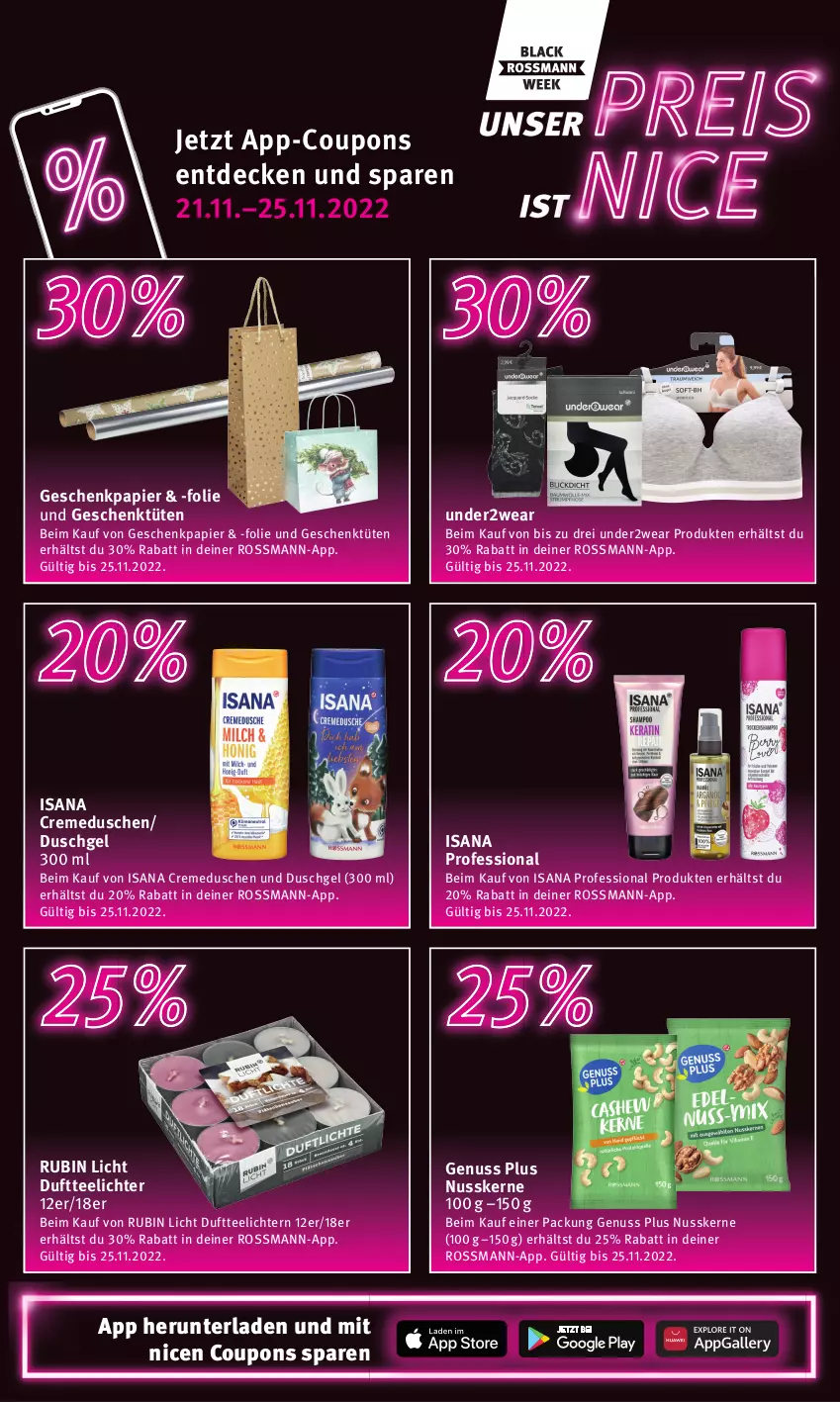 Aktueller Prospekt Rossmann - Prospekte - von 21.11 bis 25.11.2022 - strona 17 - produkty: coupon, coupons, creme, cremedusche, decke, Duftteelichte, dusche, duschgel, Geschenkpapier, isana, nuss, papier, Rubin, sana, tee, Teelicht, teelichte, Ti, Tüte