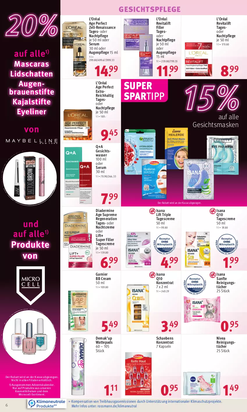 Aktueller Prospekt Rossmann - Prospekte - von 21.11 bis 25.11.2022 - strona 6 - produkty: Adventskalender, Augenpflege, creme, Diadermine, Eyeliner, garnier, Gesichtsmaske, gesichtspflege, Gesichtswasser, isana, kosmetik, Mascara, Maske, nachtcreme, nachtpflege, nivea, Q10, Reinigung, reinigungstücher, Revital, revitalift, rum, sana, Schaebens, Serum, spartipp, stifte, tagescreme, Ti, tücher, vita, wasser, wattepads