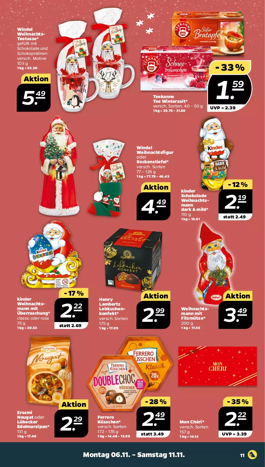 Aktueller Prospekt Netto - Woche 45 - von 06.11 bis 11.11.2023 - strona 11 - produkty: Amber, Edelmarzipan, ferrero, Ferrero Küsschen, Kinder, kinder schokolade, kuchen, lambertz, Lebkuchen, Lübecker, marzipan, Mon Chéri, Mütze, pralinen, schoko, schokolade, socken, tasse, tee, teekanne, Teetasse, Ti, Weihnachtsfigur