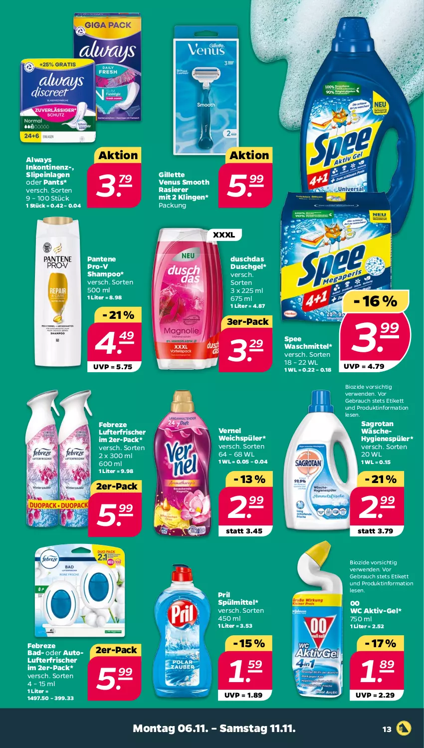 Aktueller Prospekt Netto - Woche 45 - von 06.11 bis 11.11.2023 - strona 13 - produkty: Alwa, Always, auto, Bad, bio, duschdas, duschgel, febreze, gillette, gillette venus, hygienespüler, lufterfrischer, pantene, pantene pro-v, Pants, pril, pro-v, rasierer, Rauch, rwe, sagrotan, shampoo, slip, slipeinlagen, spee, spülmittel, Ti, venus, vernel, waschmittel, weichspüler