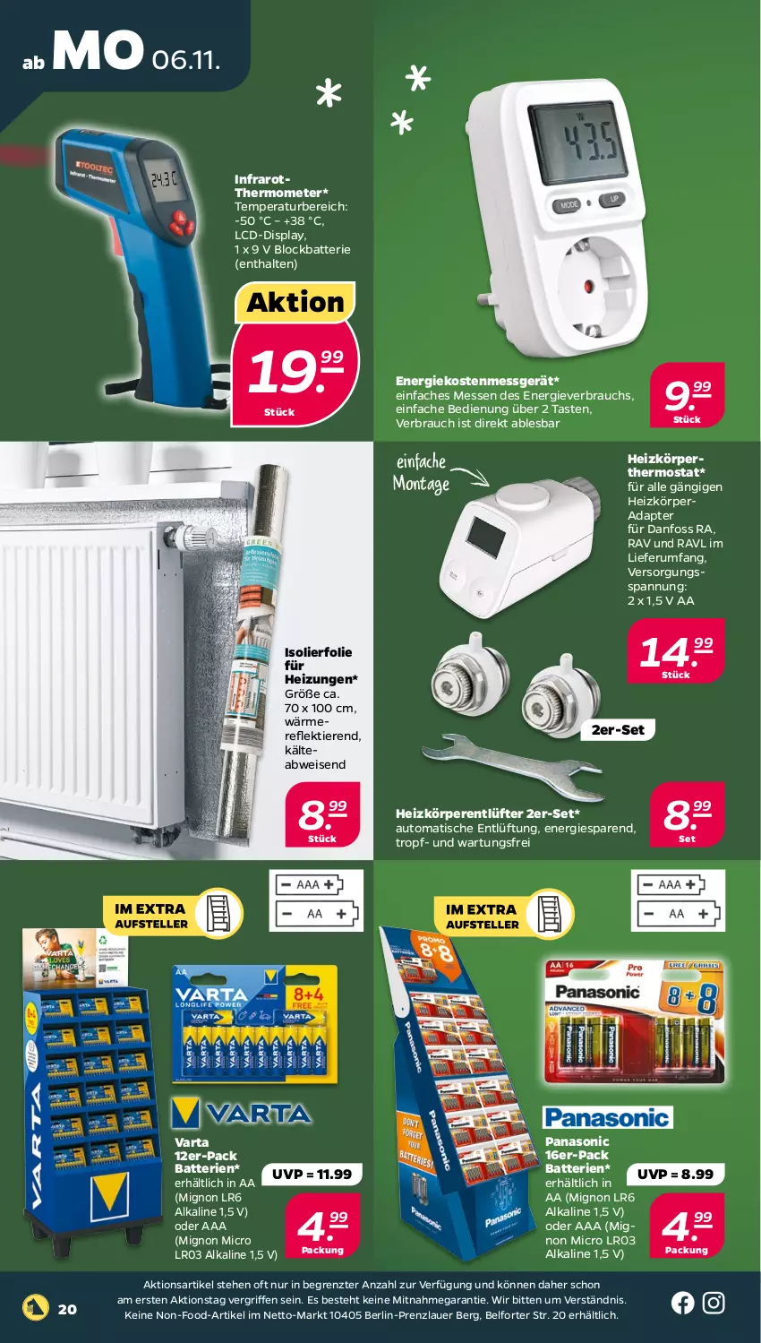 Aktueller Prospekt Netto - Woche 45 - von 06.11 bis 11.11.2023 - strona 20 - produkty: adapter, auer, auto, batterie, batterien, eis, Heizungen, panasonic, Rauch, rum, thermometer, thermostat, Ti, Tiere, tisch, varta, ZTE