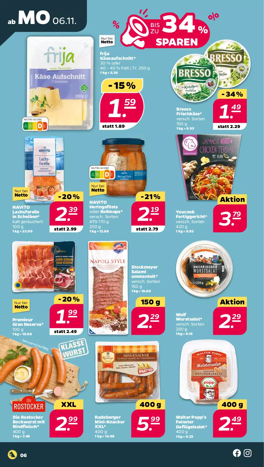 Aktueller Prospekt Netto - Woche 45 - von 06.11 bis 11.11.2023 - strona 6 - produkty: aufschnitt, Berger, bockwurst, bresso, eis, elle, fertiggericht, filet, filets, fleisch, forelle, frischkäse, Geflügel, geflügelsalat, hering, Herings, heringsfilets, Käse, knacker, lachs, Mantel, Popp, radeberger, rel, rind, rindfleisch, ring, Rostocker, salami, salat, stockmeyer, Ti, wurst, Yo, YouCook