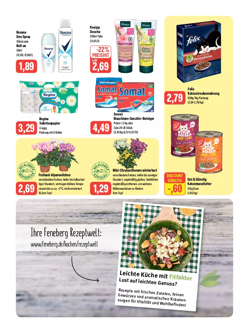 Aktueller Prospekt Feneberg - Prospekte - von 17.08 bis 19.08.2023 - strona 10 - produkty: Alpenveilchen, Blüte, chrysanthemen, deo, deo spray, discount, dusche, eis, elle, felix, geschirr, gewürz, gin, kneipp, küche, LG, nassfutter, nuss, papier, reiniger, reis, rexona, rezept, rezepte, roll-on, somat, Ti, tisch, toilettenpapier, topf, Trockennahrung, vita