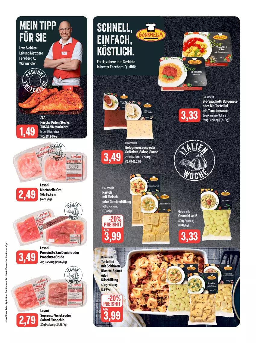 Aktueller Prospekt Feneberg - Prospekte - von 17.08 bis 19.08.2023 - strona 3 - produkty: bio, bolognese, dell, eis, fleisch, garnier, gnocchi, Käse, mortadella, Ofen, prosciutto, prosciutto crudo, pute, ravioli, reis, ricotta, sahne, salami, sauce, Schal, Schale, schinken, spaghetti, spaghetti bolognese, spinat, steak, steaks, Ti, tomate, tomaten, tomatensauce, torte, tortellini