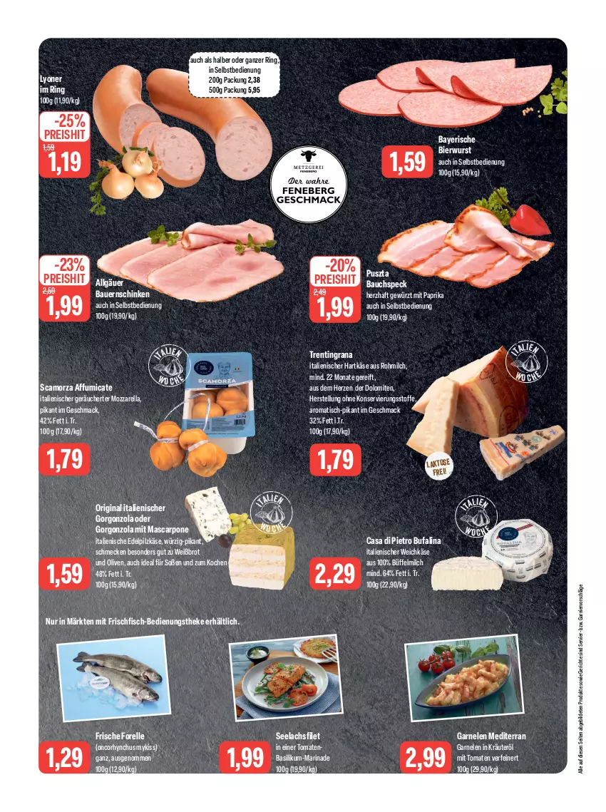 Aktueller Prospekt Feneberg - Prospekte - von 17.08 bis 19.08.2023 - strona 4 - produkty: auer, basilikum, Bau, Bauer, Bauernschinken, bier, brot, eis, elle, filet, fisch, forelle, frischfisch, garnelen, garnier, gewürz, gin, gorgonzola, grana, hartkäse, italienischer hartkäse, Käse, kräuter, lachs, lachsfilet, LG, lyoner, mac, marinade, mascarpone, milch, mit paprika, mozzarella, olive, oliven, paprika, Rana, reis, rel, ring, Scamorza, schinken, seelachsfilet, Soße, Speck, Ti, tisch, tomate, tomaten, weichkäse, wurst, Yo