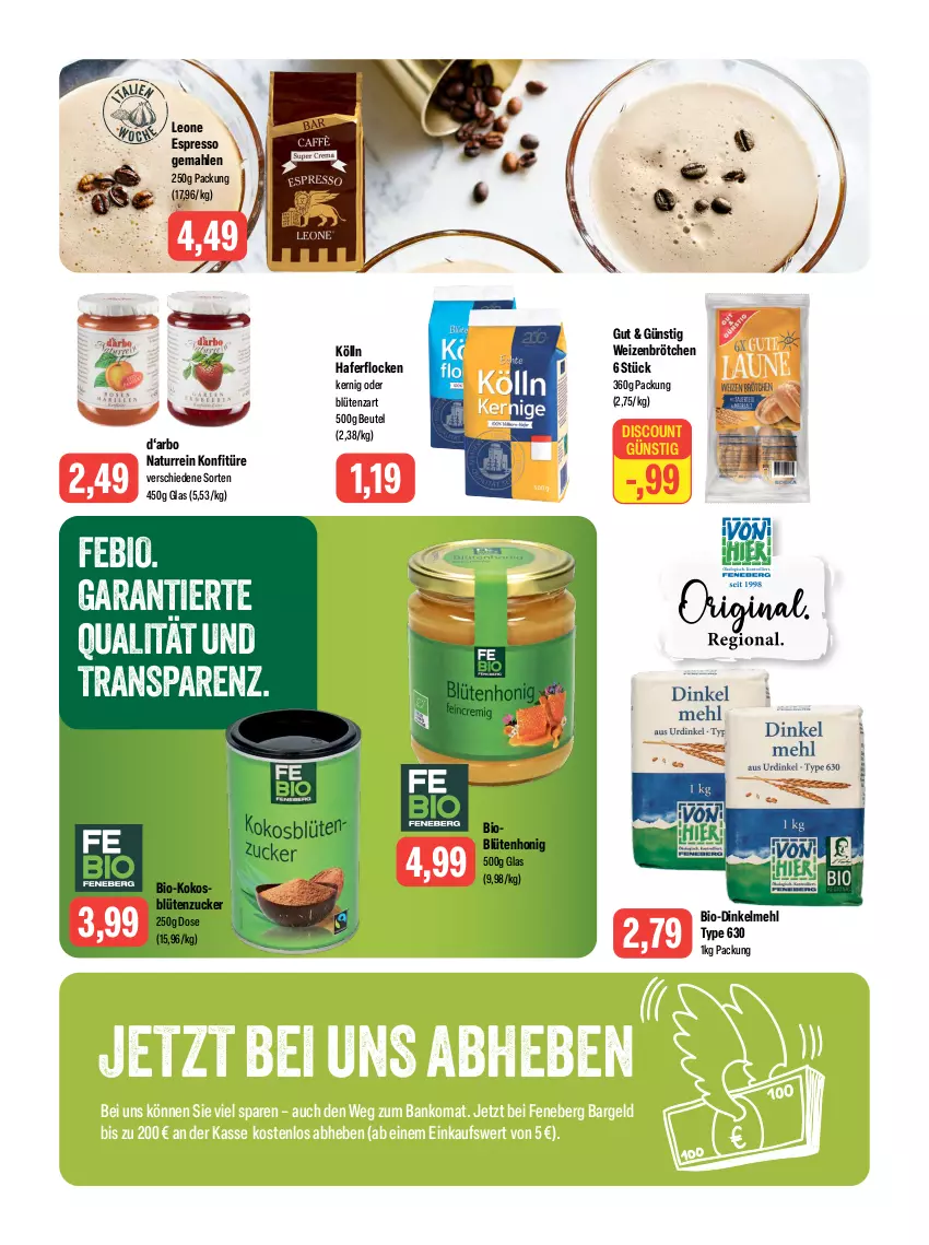 Aktueller Prospekt Feneberg - Prospekte - von 17.08 bis 19.08.2023 - strona 8 - produkty: Bank, beutel, bio, Blüte, blütenhonig, brötchen, dinkelmehl, discount, espresso, hafer, haferflocken, honig, kokos, kölln, konfitüre, mehl, natur, Ti, weizenbrötchen, zucker