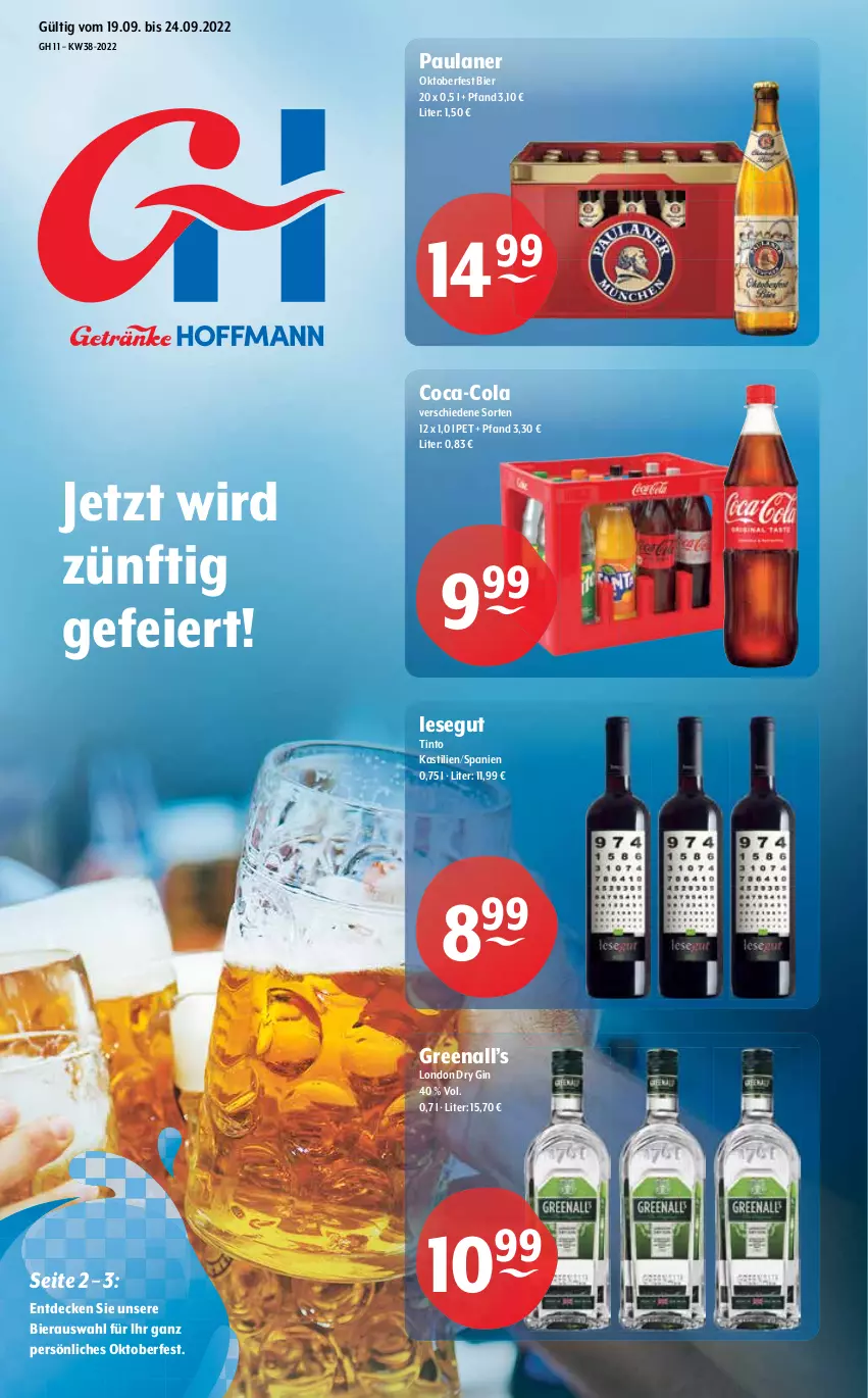 Aktueller Prospekt Getraenke Hoffmann - Prospekte - von 19.09 bis 24.09.2022 - strona 1 - produkty: asti, bier, coca-cola, cola, decke, dry gin, eier, gin, london dry, london dry gin, Paula, paulaner, Ti