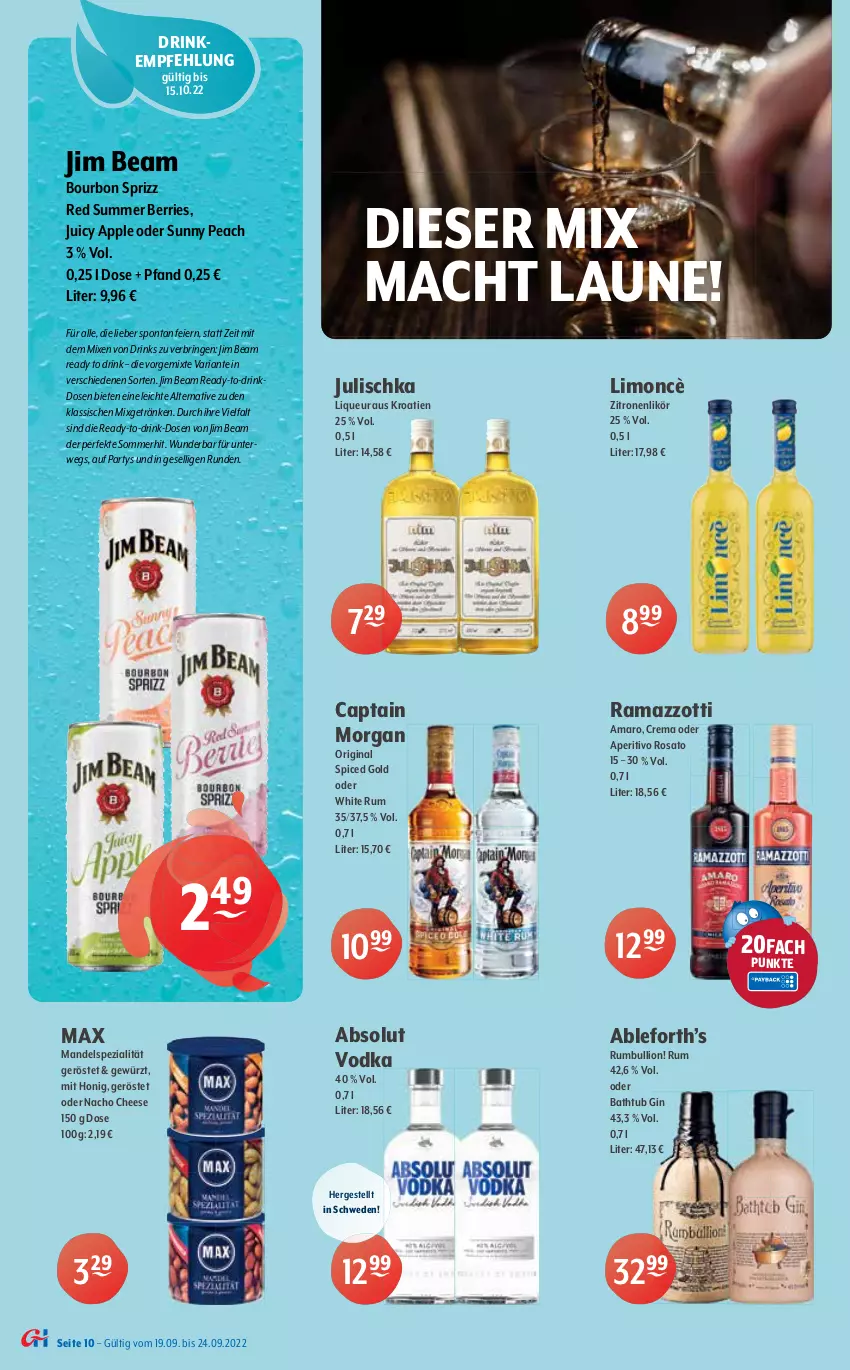 Aktueller Prospekt Getraenke Hoffmann - Prospekte - von 19.09 bis 24.09.2022 - strona 10 - produkty: Absolut Vodka, amaro, aperitivo rosato, Apple, bag-in-box, beere, beeren, bourbon, brut, Cap, captain morgan, champagne, champagner, cuvée, drink, drinks, ecco, eier, eis, frucht, getränk, getränke, gewürz, gin, honig, jim beam, Julischka, käfer, kaffee, kirsch, kirsche, kirschen, Kloster Eberbach, likör, limo, lion, liqueur, mac, mandel, margherita, merl, merlot, Mixgetränk, monte, Montepulciano, nacho, nacho cheese, nuss, original spiced gold, Pinot, pinot grigio, prosecco, puma, rama, ramazzott, ramazzotti, reifen, reis, rel, Ria, riesling, ring, rosato, rotwein, rum, rwe, saft, silvaner, Spezi, Sprizz, spumante, Ti, valdo, vodka, wein, weine, white rum, zitrone, zitronen, zott