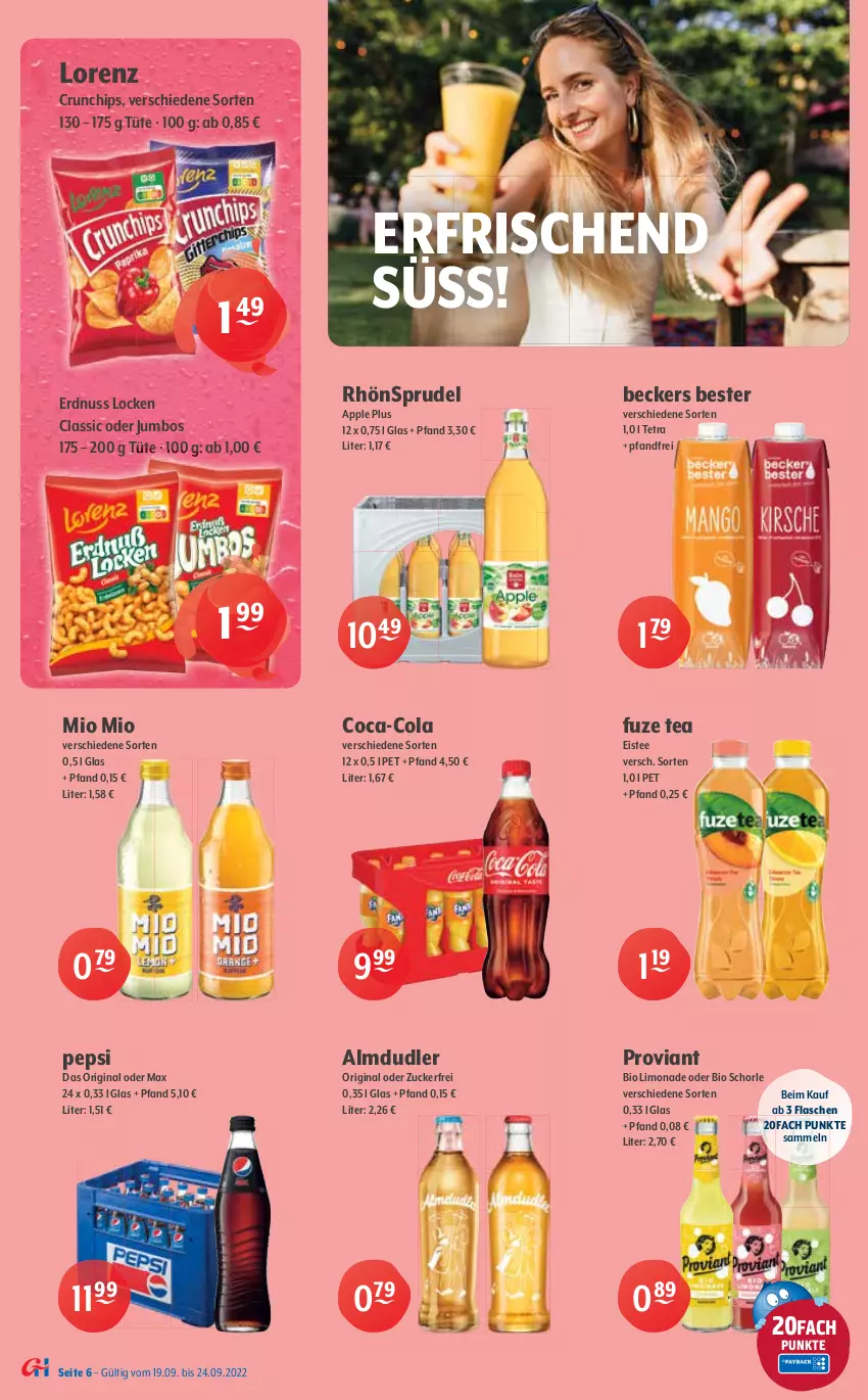 Aktueller Prospekt Getraenke Hoffmann - Prospekte - von 19.09 bis 24.09.2022 - strona 6 - produkty: alkohol, almdudler, Apple, auer, Beckers Bester, bier, bio, bio limo, bitburger, Blutorange, burger, chips, coca-cola, cola, crunchips, desperados, eis, eistee, erdnuss, flasche, flaschenöffner, franziskaner, fuze tea, gin, holunder, jever, jumbo, limo, limonade, lorenz, malz, Mio Mio, nuss, orange, pepsi, pils, premium pils, Proviant, rel, RhönSprudel, schorle, Sprudel, tee, Ti, Tüte, Untersetzer, vita, vitamalz, weissbier, zitrone, zucker