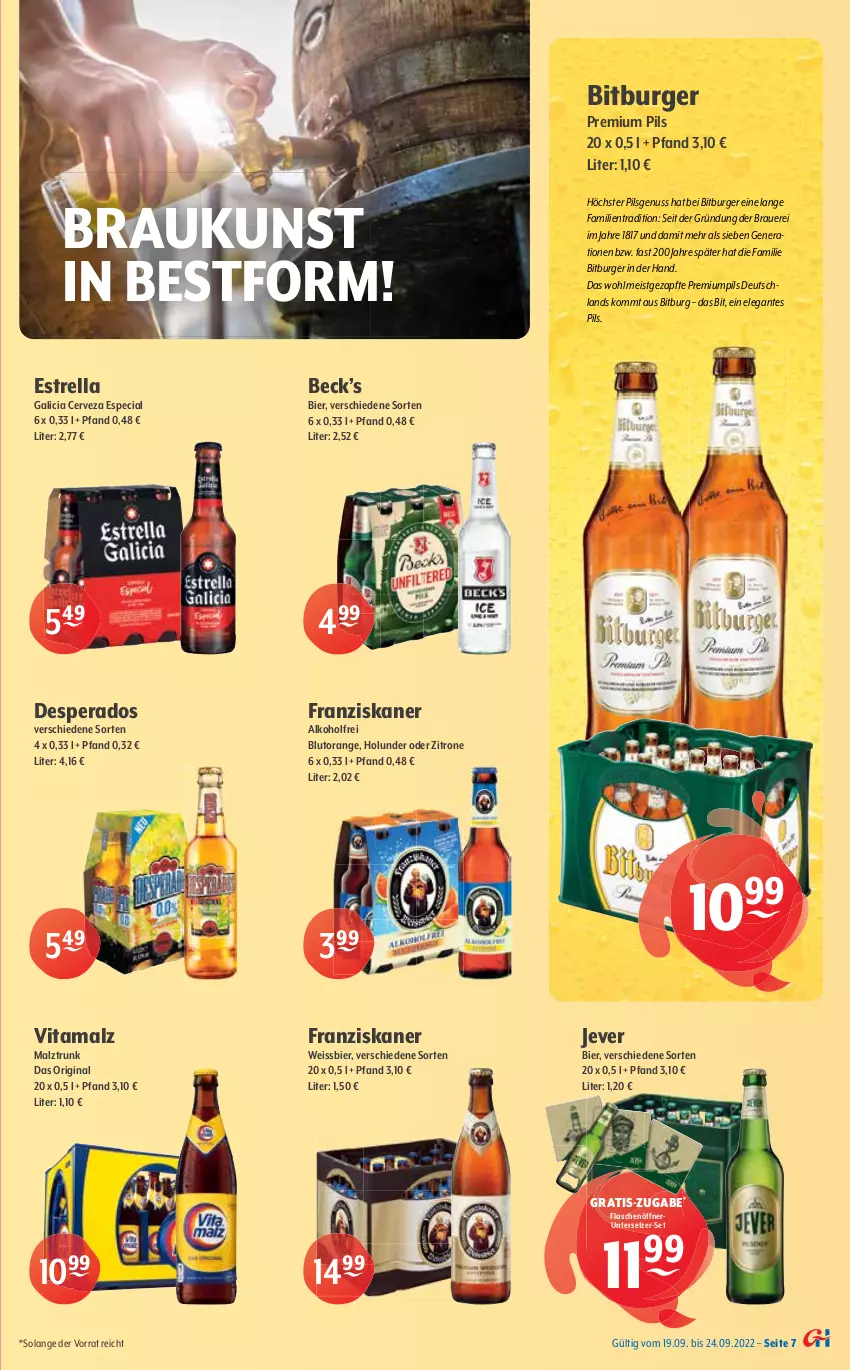 Aktueller Prospekt Getraenke Hoffmann - Prospekte - von 19.09 bis 24.09.2022 - strona 7 - produkty: alkohol, almdudler, Apple, auer, Beckers Bester, bier, bio, bio limo, bitburger, Blutorange, burger, chips, coca-cola, cola, crunchips, desperados, eis, eistee, erdnuss, flasche, flaschenöffner, franziskaner, fuze tea, gin, holunder, jever, jumbo, limo, limonade, lorenz, malz, Mio Mio, nuss, orange, pepsi, pils, premium pils, Proviant, rel, RhönSprudel, schorle, Sprudel, tee, Ti, Tüte, Untersetzer, vita, vitamalz, weissbier, zitrone, zucker