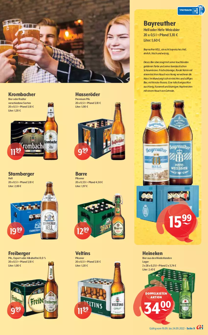 Aktueller Prospekt Getraenke Hoffmann - Prospekte - von 19.09 bis 24.09.2022 - strona 9 - produkty: alkohol, asti, auer, Bau, Berger, bier, Biere, eimer, eis, elle, flasche, Freiberger, hasseröder, Hefe, heineken, honig, karamell, könig pilsener, krombache, krombacher, krone, Leuchte, leuchten, mac, malz, mars, mönchshof, natur, oder radler, pils, pilsener, premium pils, radler, rosen, rwe, Ti, tisch, urtyp, veltins, weissbier