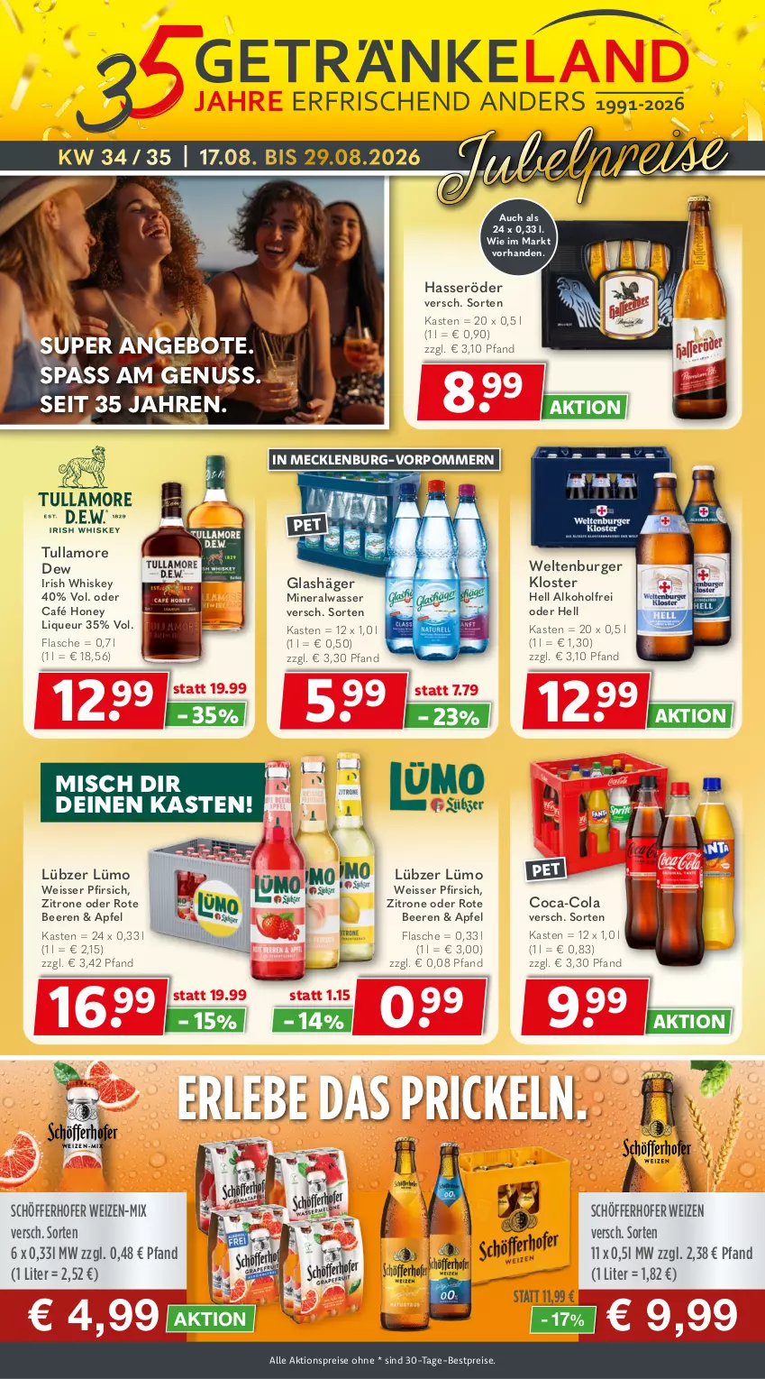 Aktueller Prospekt Getraenkeland - von 17.08 bis 29.08.2026 - strona 1 - produkty: aktionspreis, alkohol, Alwa, angebot, angebote, apfel, beere, beeren, bestpreis, bestpreise, burger, coca-cola, cola, eis, flasche, hasseröder, irish whiskey, jubelpreis, liqueur, Lübzer, mineralwasser, nuss, pfirsich, reis, schöfferhofer, Ti, tullamore, tullamore dew, wasser, whiskey, zitrone